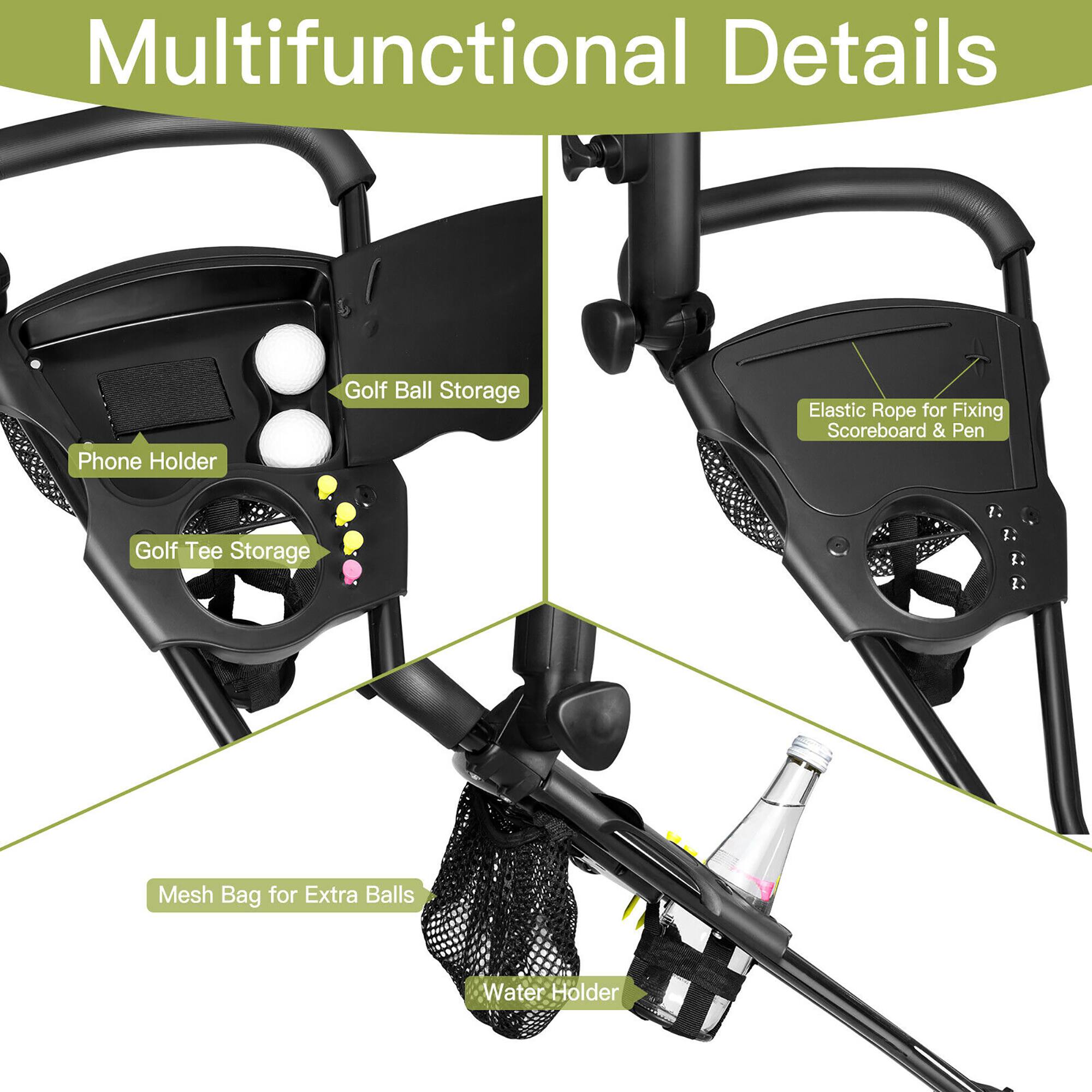 Multifunctional Details

- Phone Holder
- Golf Ball Storage
- Golf Tee Storage
- Elastic Rope for Fixing Scoreboard & Pen
- Mesh Bag for Extra Balls
- Water Holder