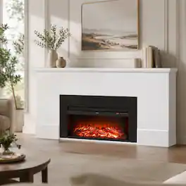 RYHNUYNE - 75 Inch White Freestanding Electric Fireplace Heater With Mantel, Adjustable Flames Remote Timer Overheat Protection - Black White