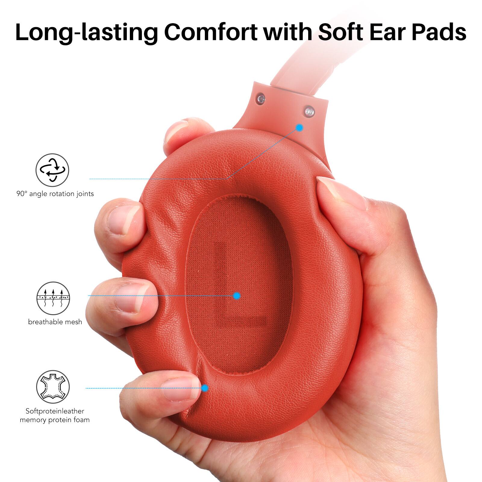 Long-lasting Comfort with Soft Ear Pads, 90° angle rotation joints, breathable mesh, Softproteinleather memory protein foam.