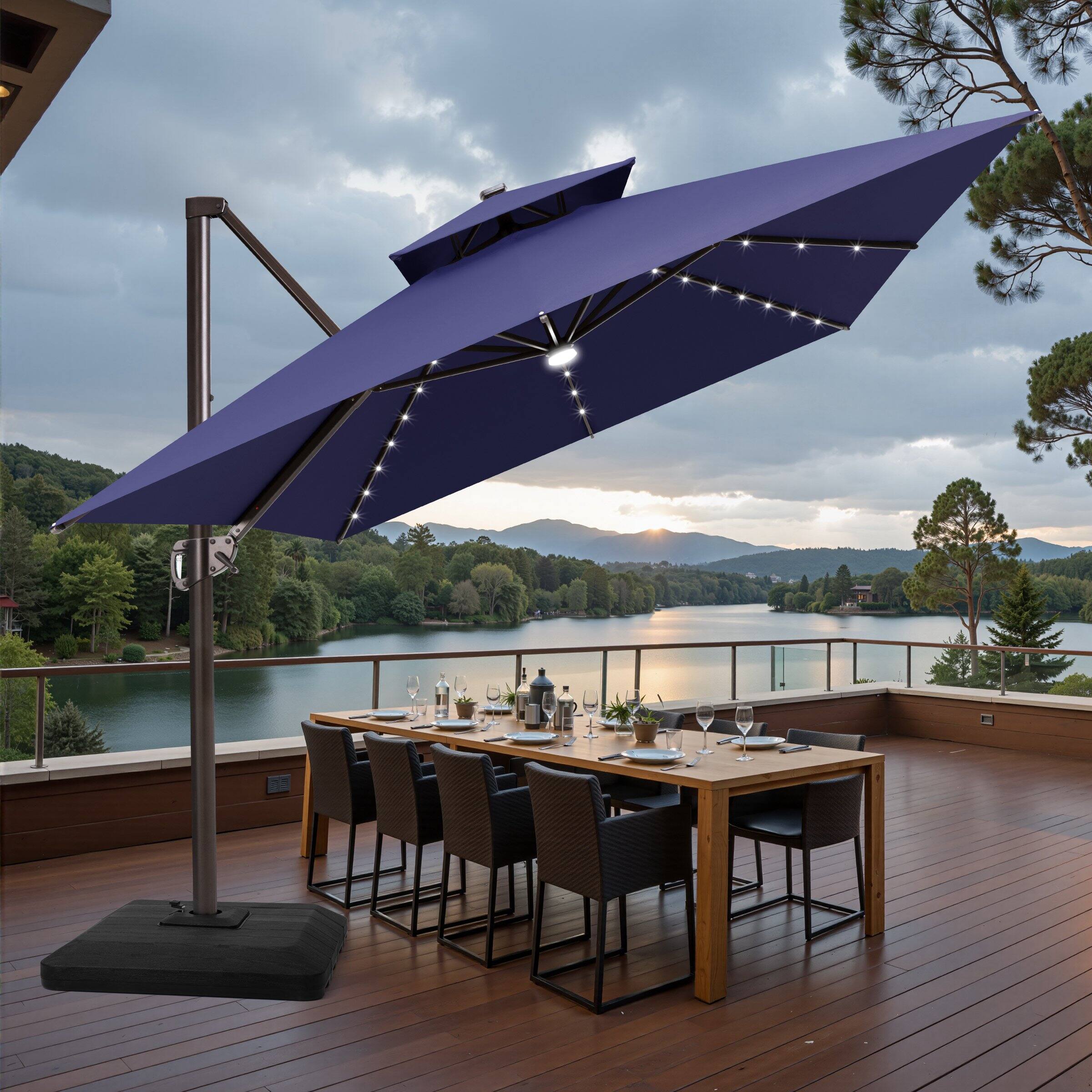 Back. Crestlive Products - Crestlive Products 13ft UPF50+ Aluminum Slide-tilt Cantilever Patio Umbrella with Light with 350lbs Base - Navy blue.
