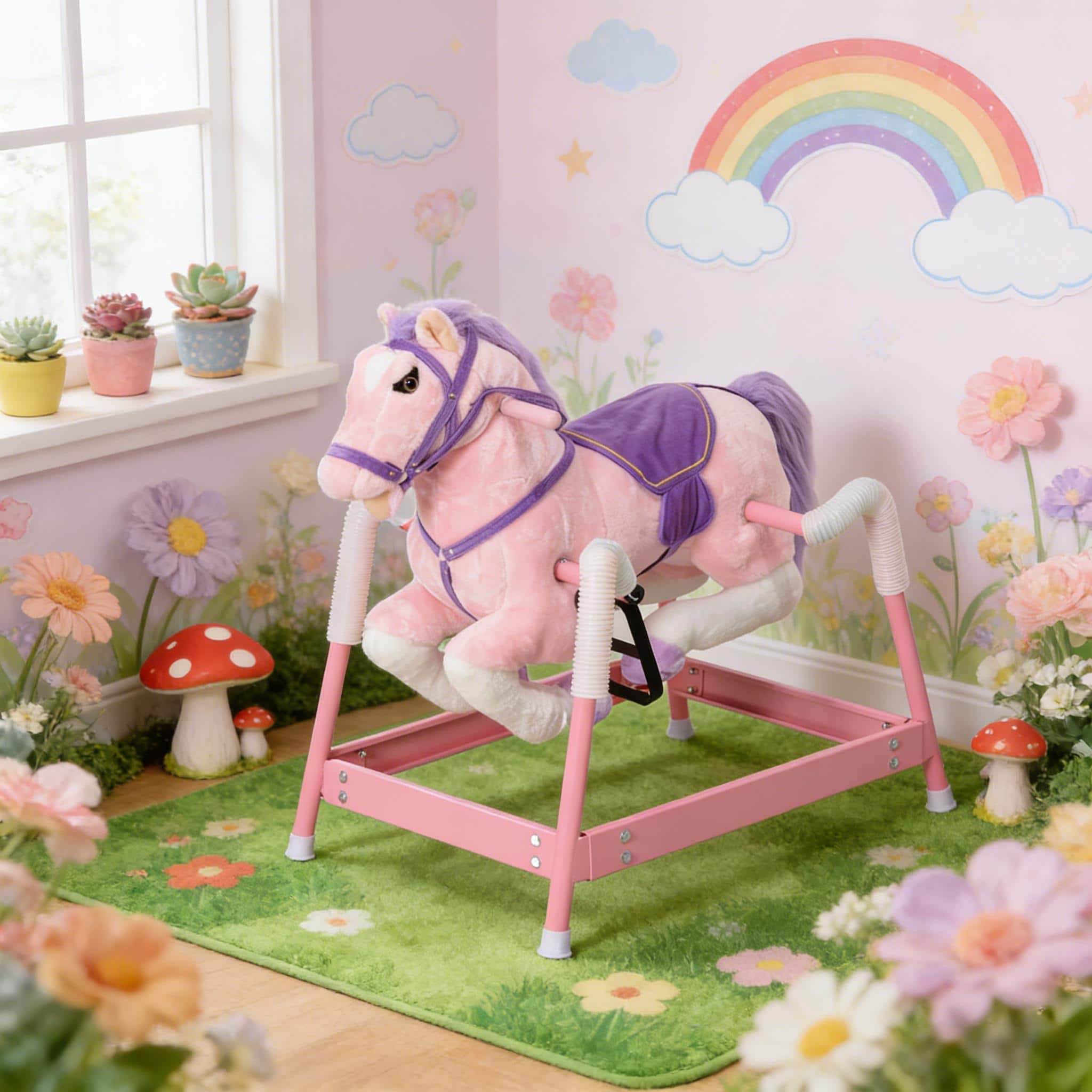 Siljoy - Soft Spring Rocking Horse Toy with Neighing Sounds, Plush Body, 132lb Load, Ages 3-8 - Pink