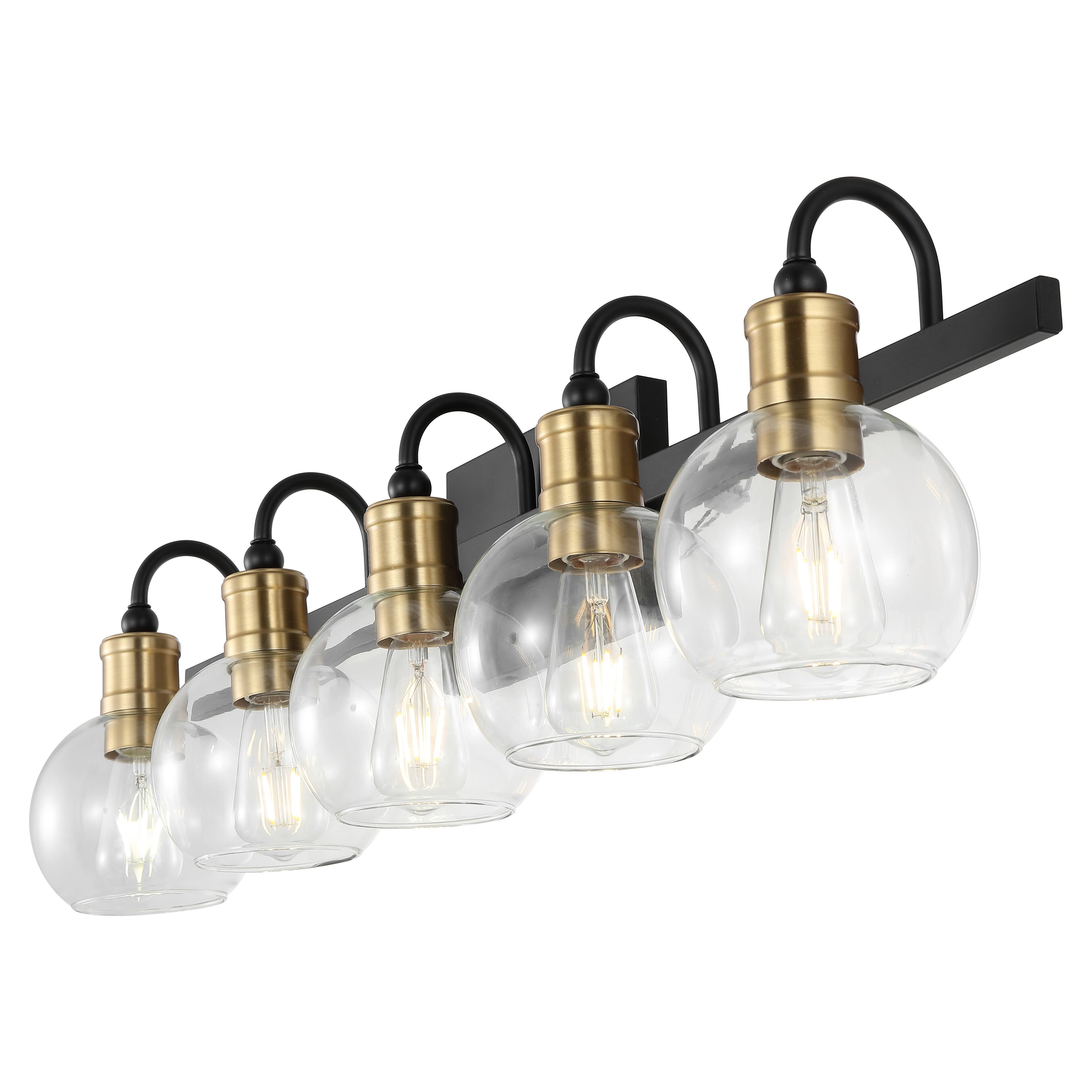 Front. Jonathan Y - Marais 36.5" 5-Light Iron/Glass Rustic Vintage LED Vanity Light, Black/Brass Gold - Black/Brass Gold.