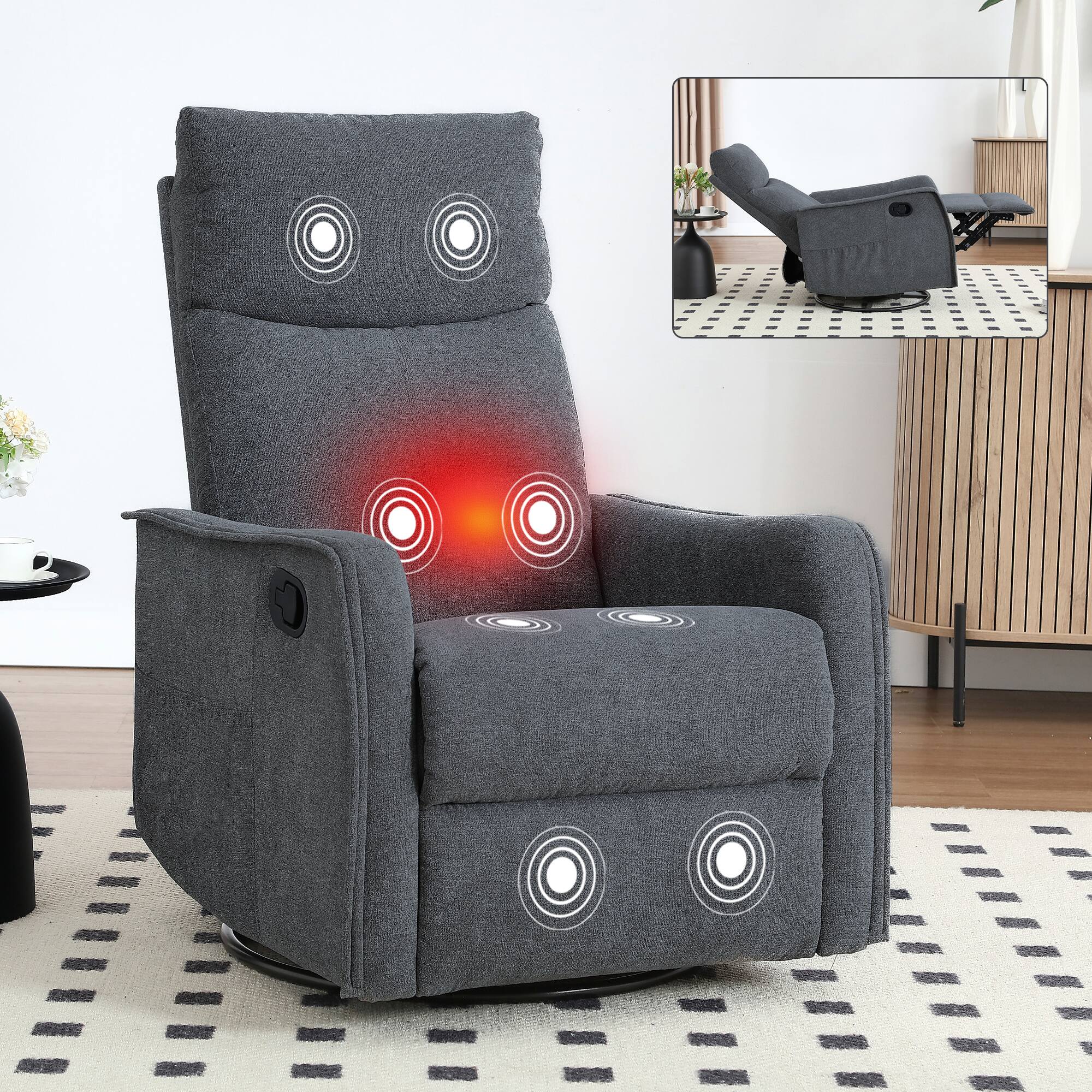 Left. Akoasm - Heat Massage Chair Manual Recliner Chair with Rocker and Swivel in Fabric for Living Room-Grey - Grey.