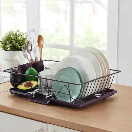 Front. Sweet Home Collection - Steel 3-Piece Large Countertop Dish Drainer with Drain Board & Utensil Holder - Eggplant.