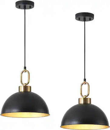Front. FINEAK - 2-Pack 12.2" Matte Black Handle Pendant Lights - Modern Adjustable Height Vintage Industrial Hanging Fixtures.