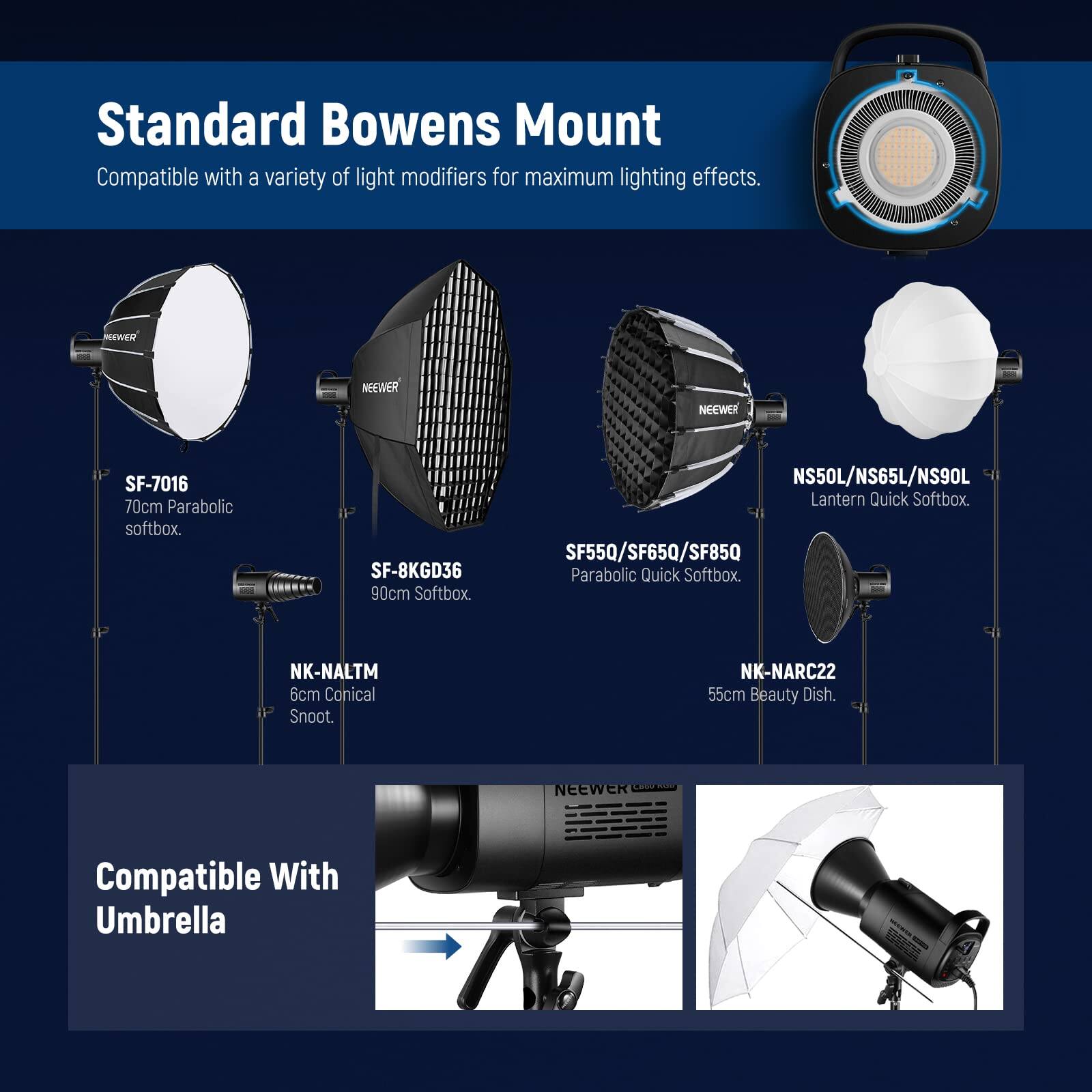 Standard Bowens Mount  
Compatible with a variety of light modifiers for maximum lighting effects.

- SF-7016 70cm Parabolic softbox
- SF-8KGD36 90cm Softbox
- NS50L/NS65L/NS90L Lantern Quick Softbox
- SF55Q/SF65Q/SF85Q Parabolic Quick Softbox
- NK-NALTM 6cm Conical Snoot
- NK-NARC22 55cm Beauty Dish
- Compatible With Umbrella