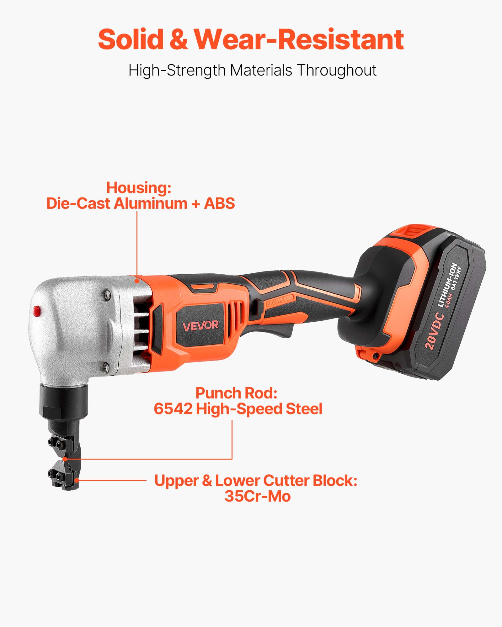 Solid & Wear-Resistant  
High-Strength Materials Throughout  

Housing:  
Die-Cast Aluminum + ABS  

Punch Rod:  
6542 High-Speed Steel  

Upper & Lower Cutter Block:  
35Cr-Mo