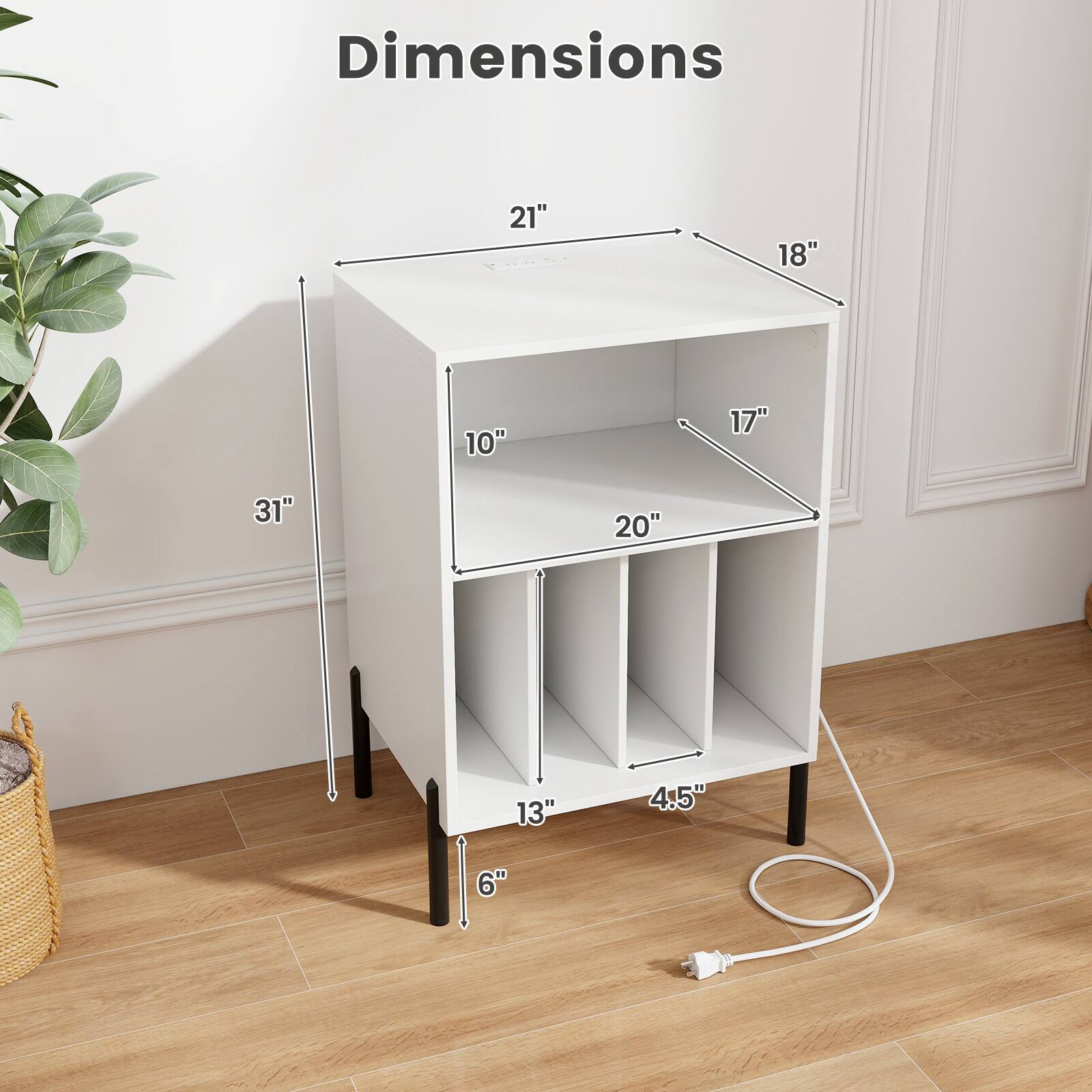 Dimensions:  
- Width: 21"  
- Depth: 18"  
- Height: 31"  
- Shelf 1: 10" (depth) x 17" (width)  
- Shelf 2: 20" (depth) x 13" (width)  
- Bottom Shelf: 4.5" (depth) x 6" (height)