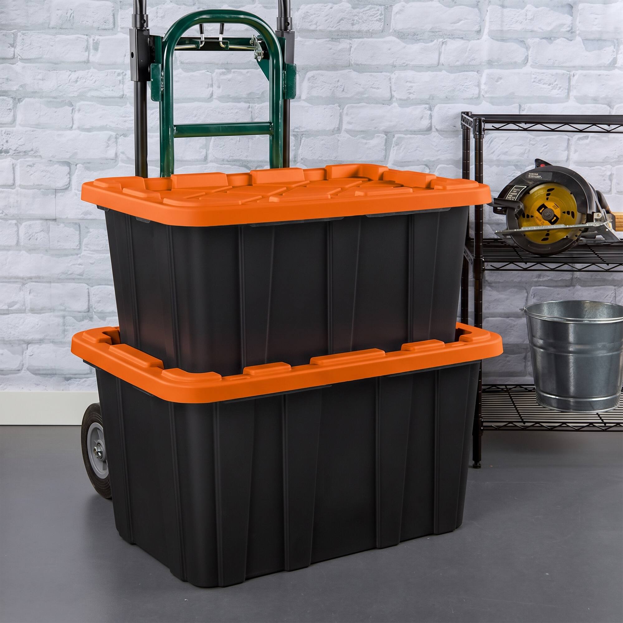 Alt View 2. Sterilite - Sterilite 27 Gallon Industrial Storage Tote with Snap Fit Lids, Orange, 24 Pack - 27 Gallon - Black/Orange.