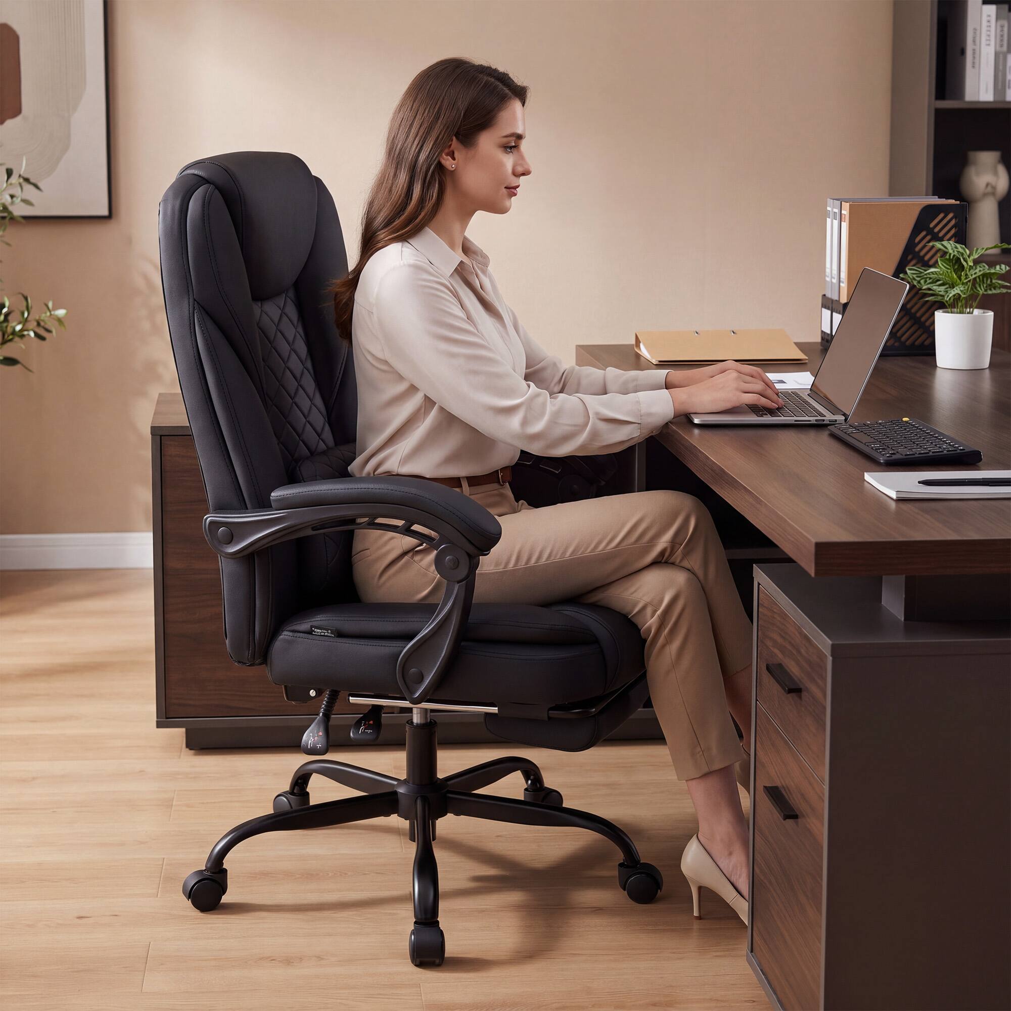 Alt View 3. Dowinx - Ergonomic Executive Leather Reclining Chair with Footrest,Office Chair with Quilted Lumbar Support & Adjustable Arms. - Black.