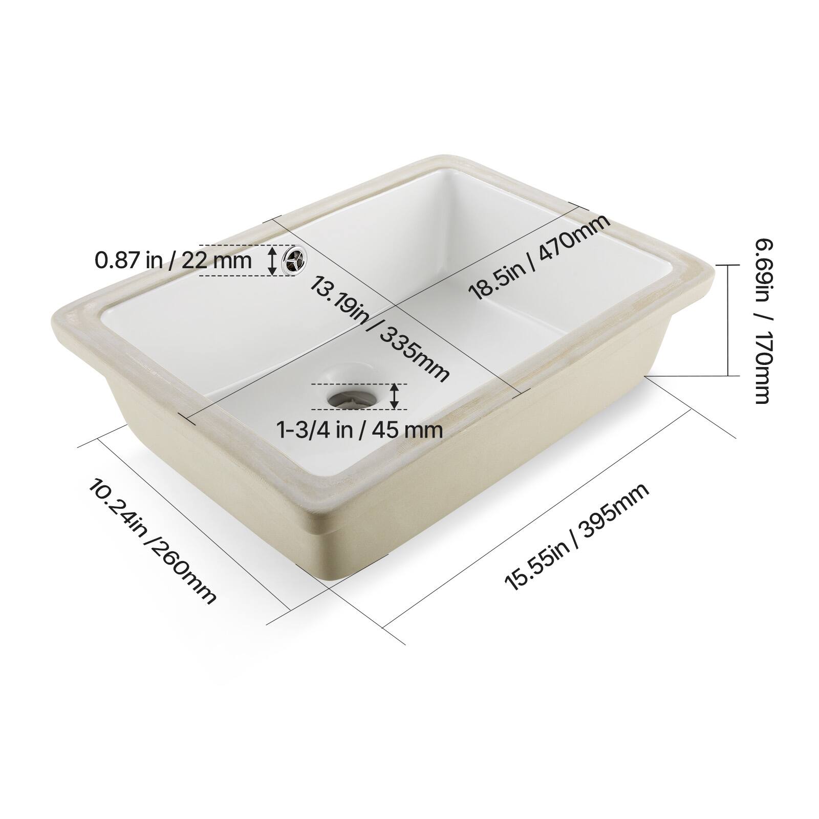 0.87 in / 22 mm  
13.19 in / 335 mm  
18.5 in / 470 mm  
1-3/4 in / 45 mm  
10.24 in / 260 mm  
15.55 in / 395 mm  
6.69 in / 170 mm