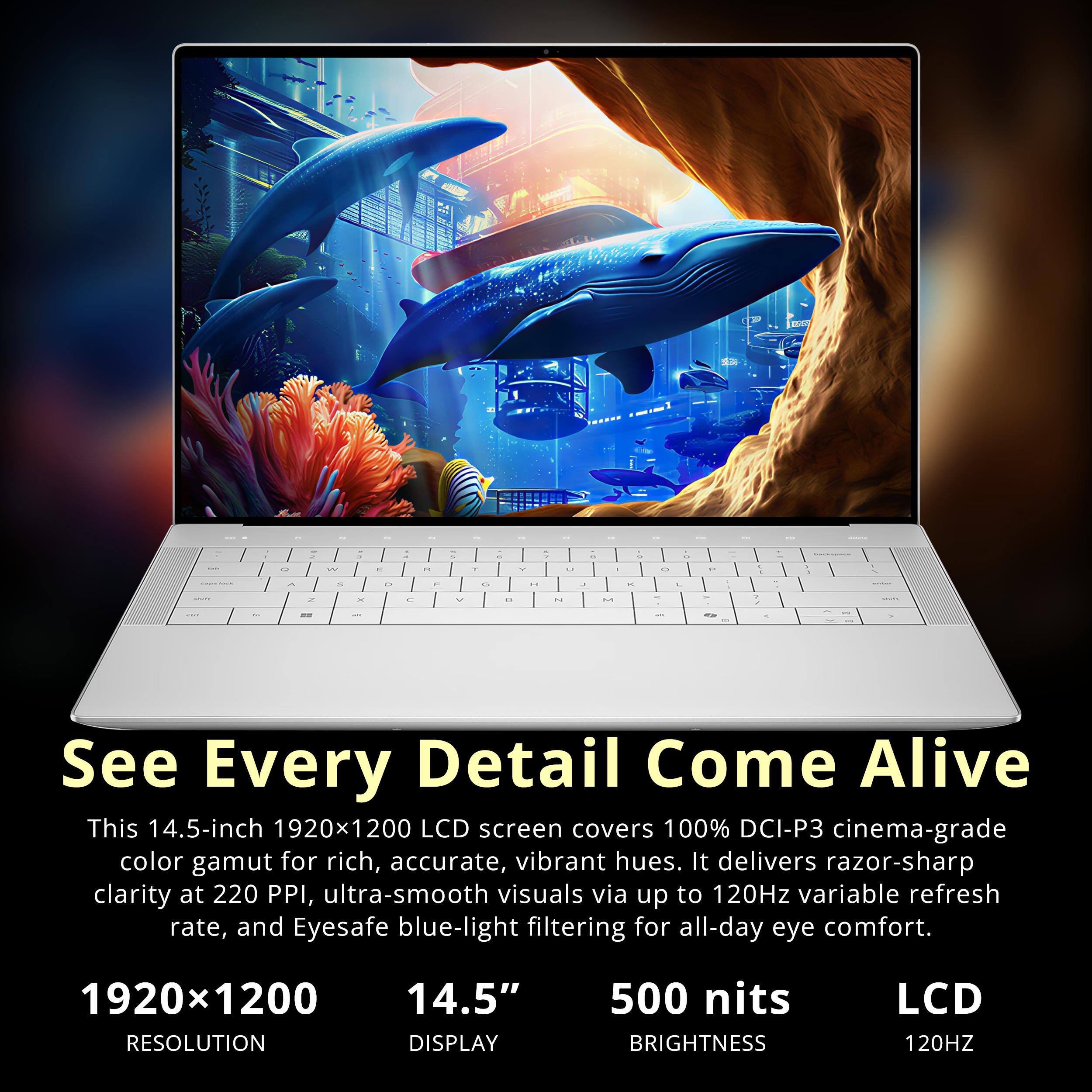 See Every Detail Come Alive

This 14.5-inch 1920x1200 LCD screen covers 100% DCI-P3 cinema-grade color gamut for rich, accurate, vibrant hues. It delivers razor-sharp clarity at 220 PPI, ultra-smooth visuals via up to 120Hz variable refresh rate, and Eyesafe blue-light filtering for all-day eye comfort.

1920x1200 RESOLUTION DISPLAY
500 nits BRIGHTNESS
LCD 120HZ