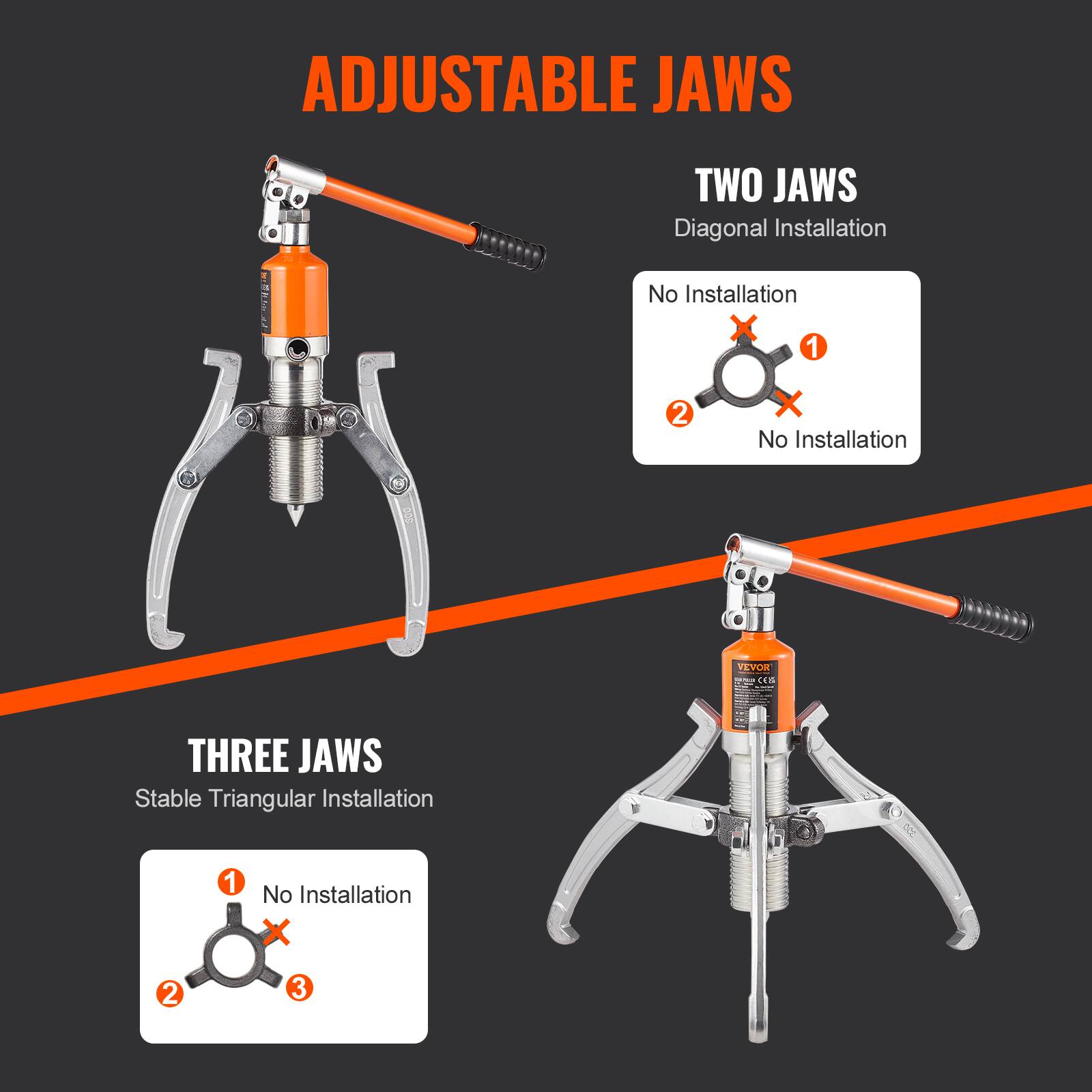 ADJUSTABLE JAWS

TWO JAWS
Diagonal Installation
No Installation

THREE JAWS
Stable Triangular Installation
No Installation