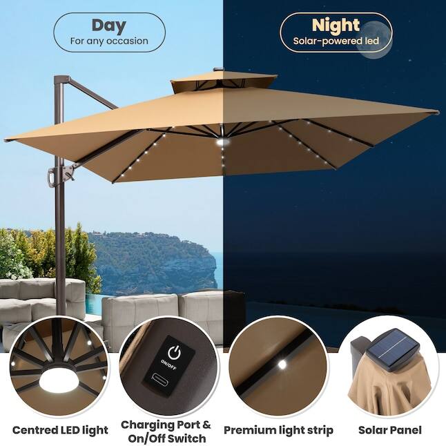 Day  
For any occasion  

Night  
Solar-powered LED  

Centred LED light  
Charging Port & On/Off Switch  
Premium light strip  
Solar Panel