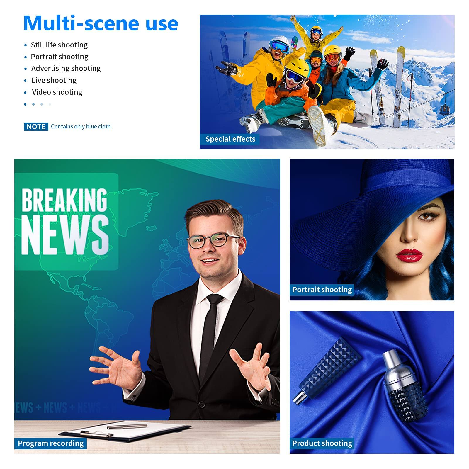 Multi-scene use  
- Still life shooting  
- Portrait shooting  
- Advertising shooting  
- Live shooting  
- Video shooting  

NOTE: Contains only blue cloth.  

Special effects  

BREAKING NEWS  
EWS + NEWS + NEWS  

Portrait shooting  

Program recording  

Product shooting