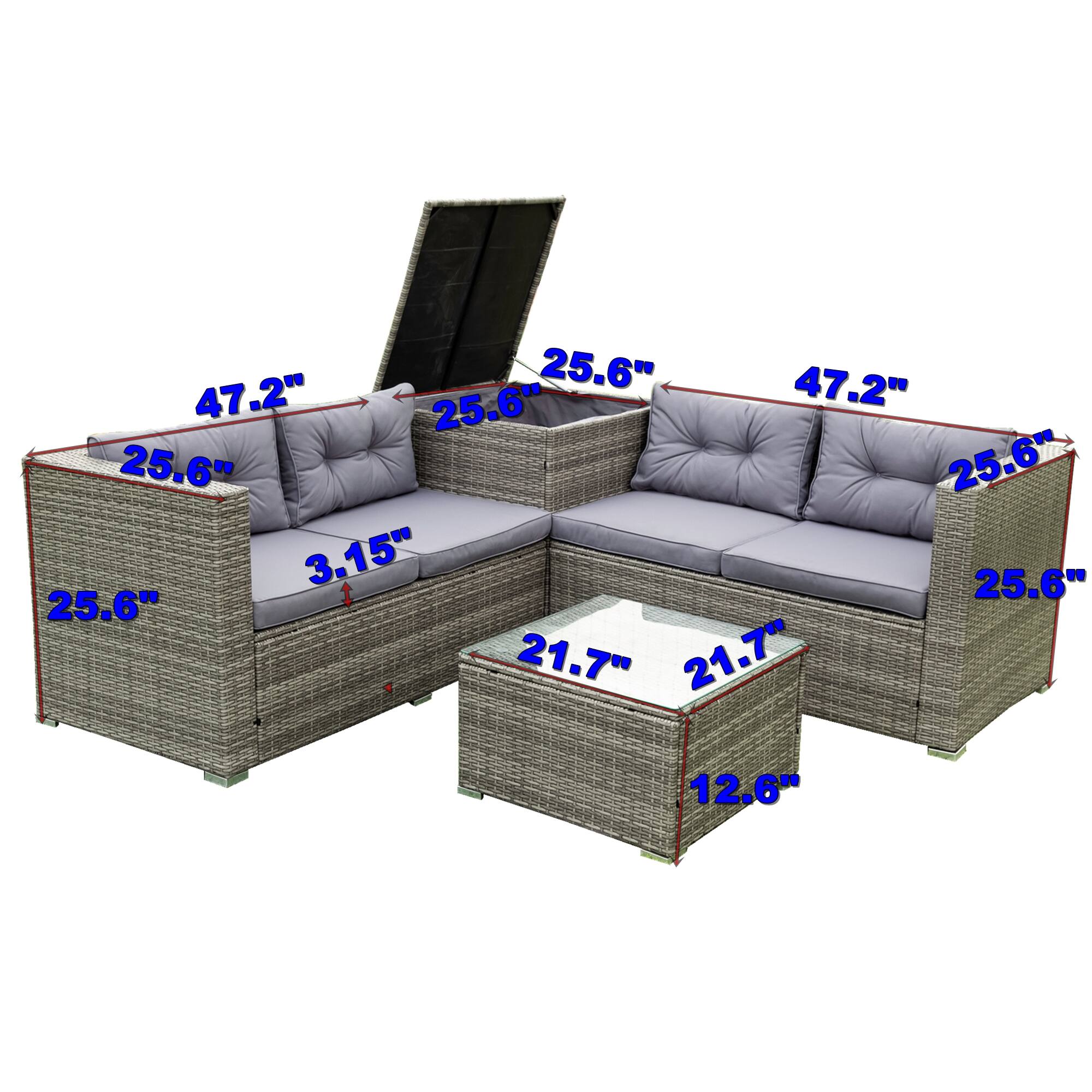 The text on the image is grouped as follows:

- Sofa dimensions: 47.2" (length), 25.6" (width), 25.6" (height)
- Coffee table dimensions: 21.7" (length), 21.7" (width), 12.6" (height)
- Cushion thickness: 3.15"