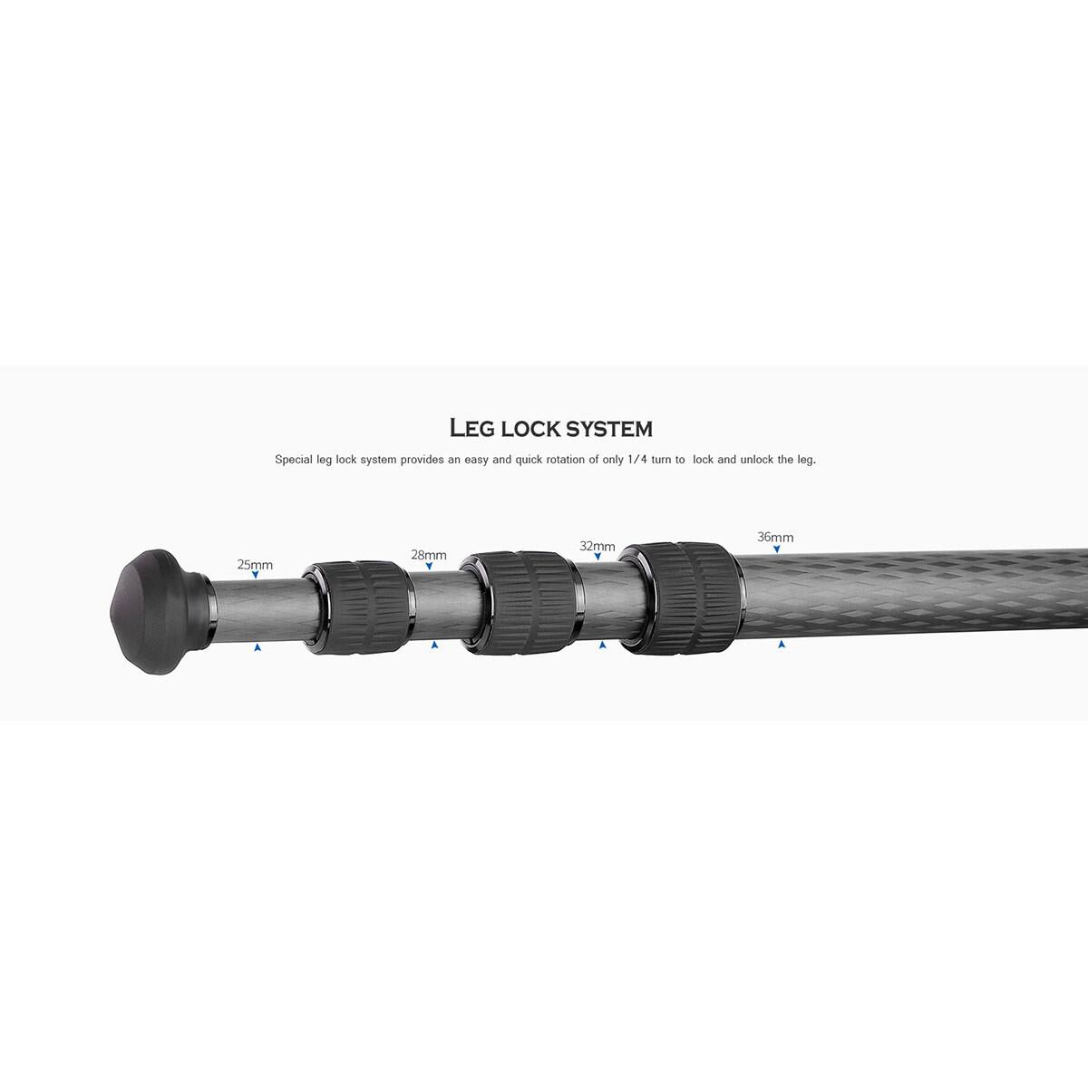 LEG LOCK SYSTEM  
Special leg lock system provides an easy and quick rotation of only 1/4 turn to lock and unlock the leg.  
25mm  
28mm  
32mm  
36mm