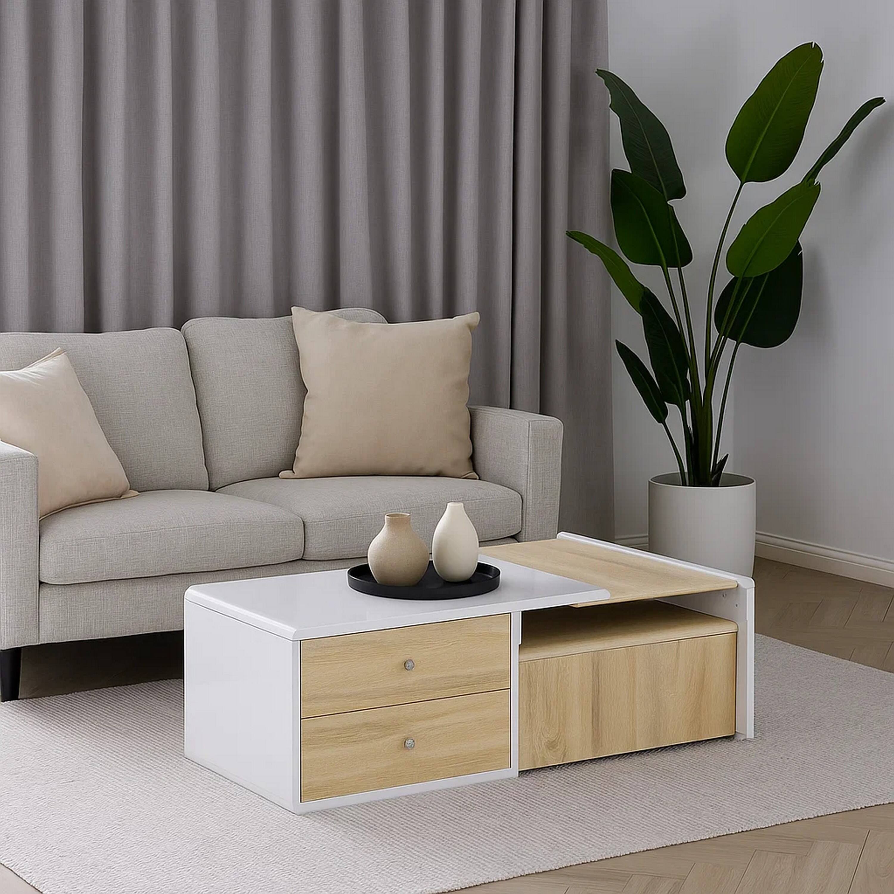 Alt View 6. Manhattan Lane - 2 Drawer Contemporary Coffee Table with Pull Out Table - White, Brown.