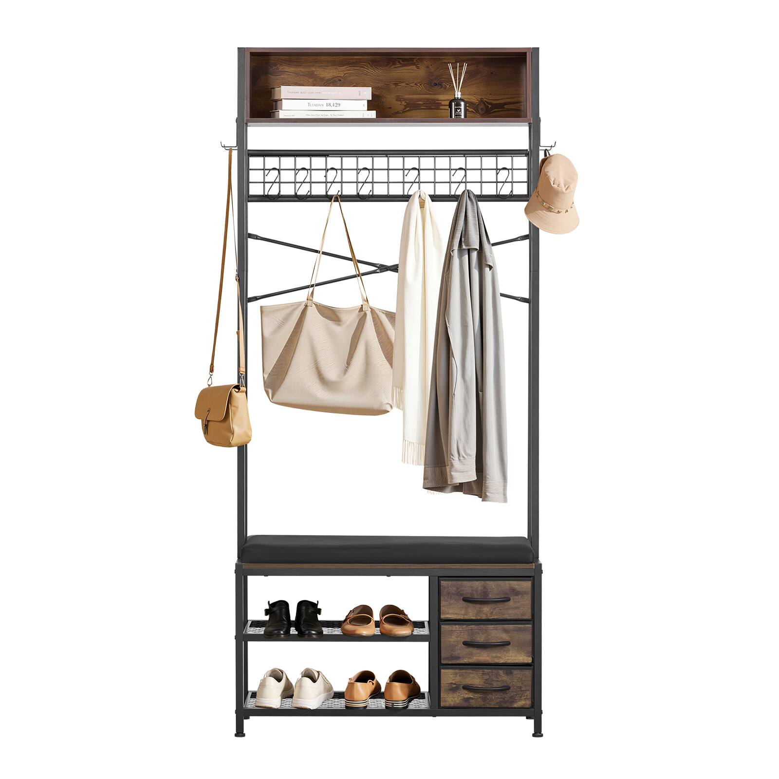 Alt View 5. VEVOR - Hall Tree, 70.9 in Coat Rack with Shoe Bench & 3 Drawers, 3-in-1 Freestanding Shoe Rack Storage Organizer with Bookshelf - Brown.