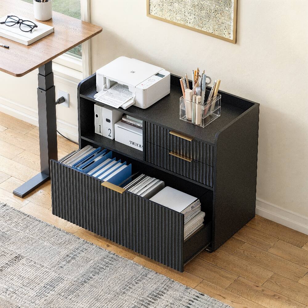 Left. Loheer - Loheer Mobile File Cabinet with Charging Station, 3 Drawer Black Office Cabinet with Wheels.