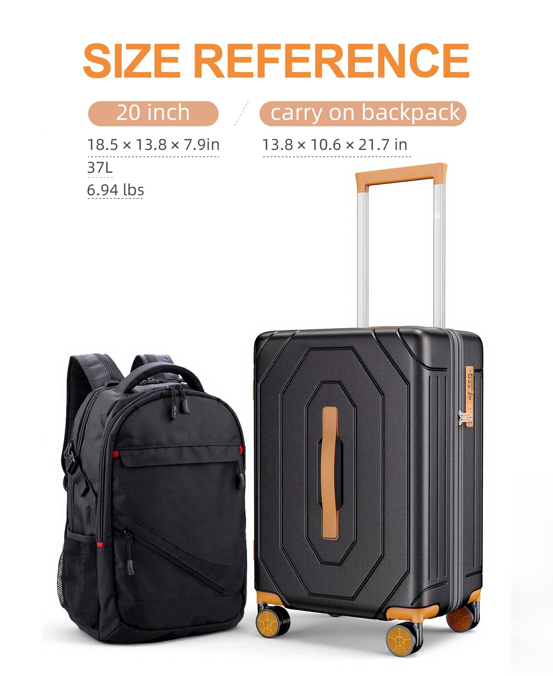 SIZE REFERENCE

20 inch
18.5 x 13.8 x 7.9 in
37L
6.94 lbs

carry on backpack
13.8 x 10.6 x 21.7 in