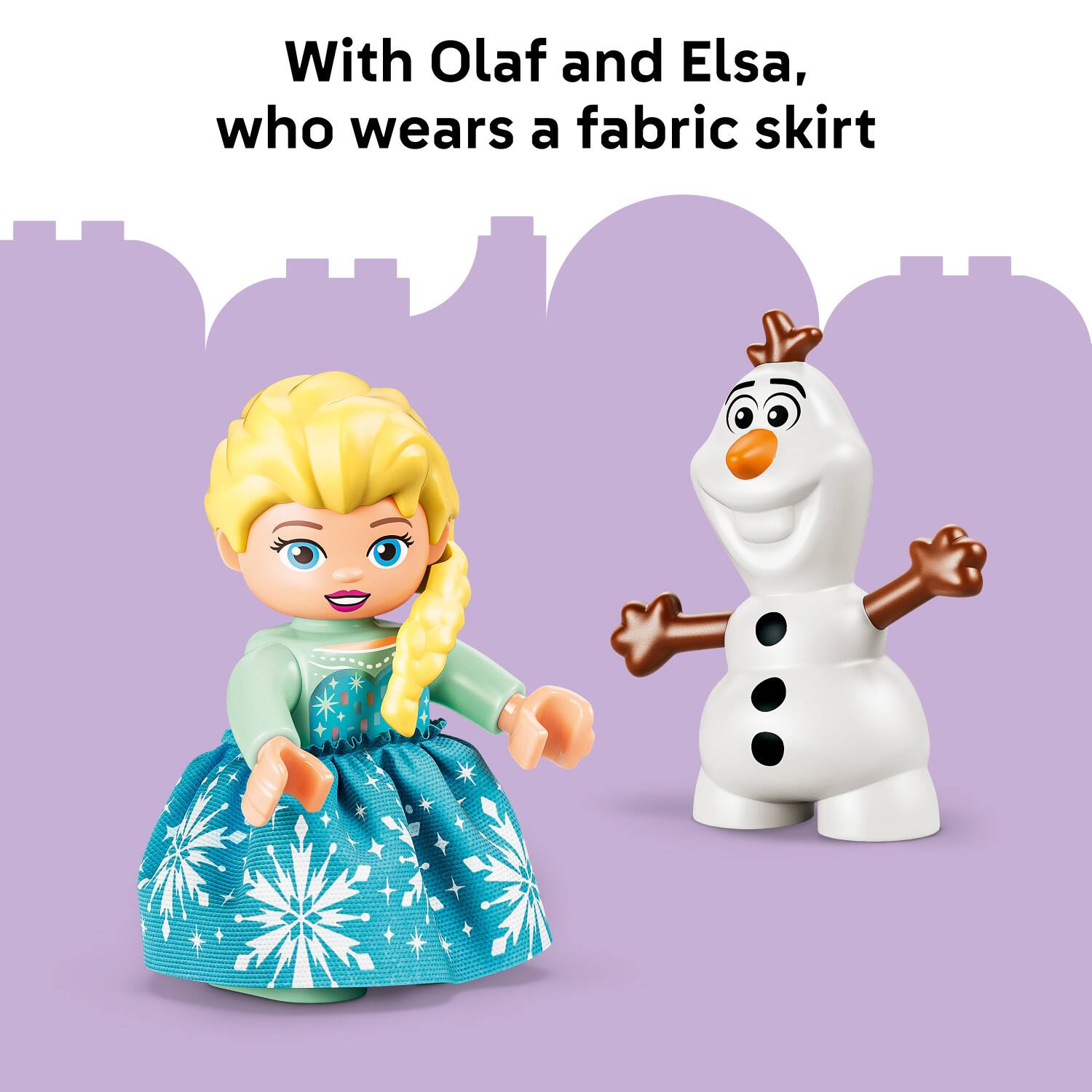 With Olaf and Elsa, who wears a fabric skirt