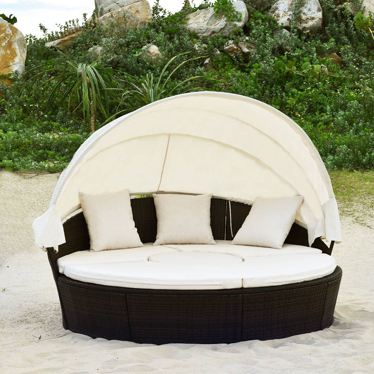 Alt View 4. Gymax - Gymax Cushioned Patio Rattan Round Daybed w/ Adjustable Table 3 Pillows Canopy - Brown.