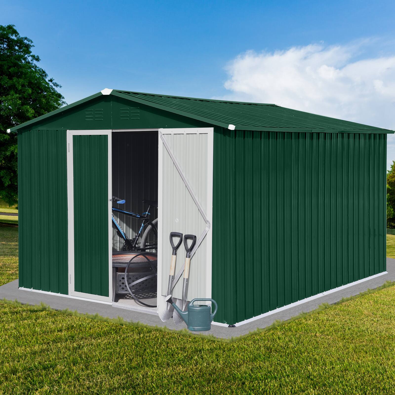Left. Anysun - 8x10ft Metal Garden Shed with Apex Roof, Hinged Door & Integrated Vents, Heavy-Duty Outdoor Storage with Padlock - Green.