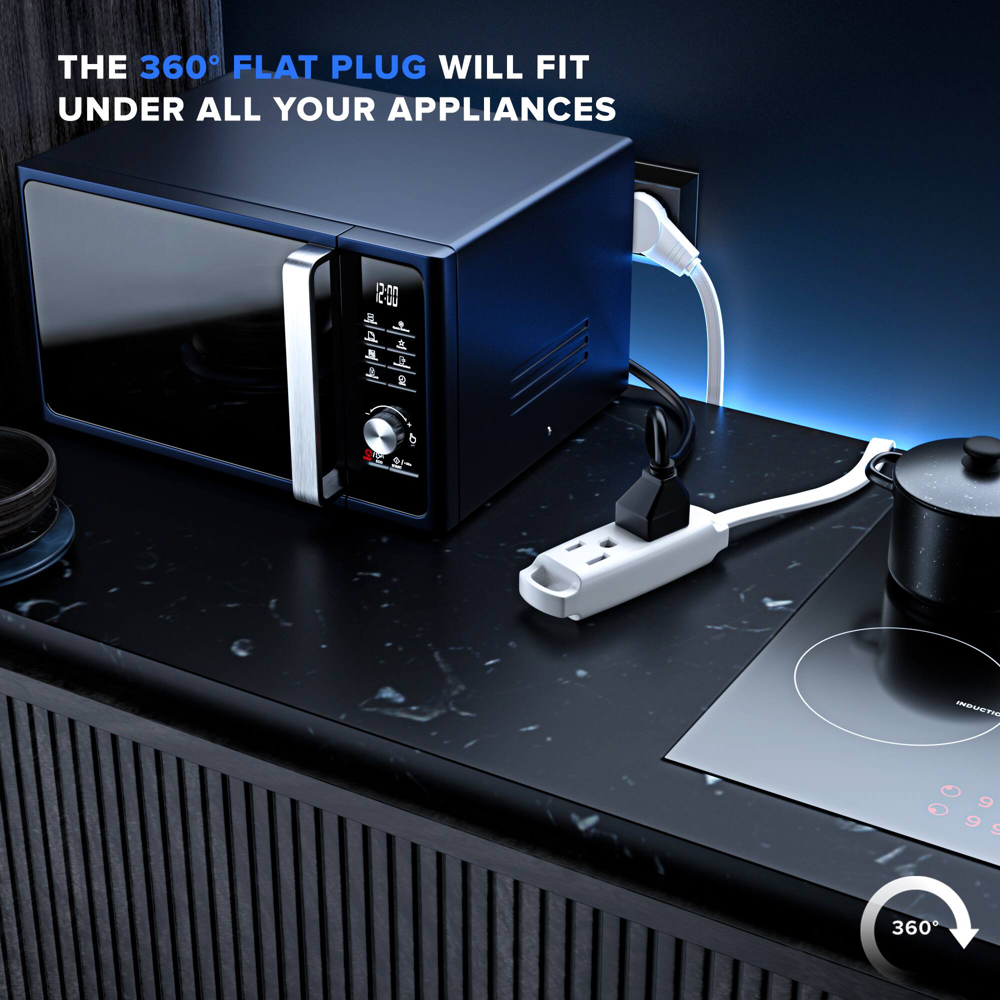 THE 360° FLAT PLUG WILL FIT UNDER ALL YOUR APPLIANCES 2:00 & N b a i 6 SE INDUCTR 360
