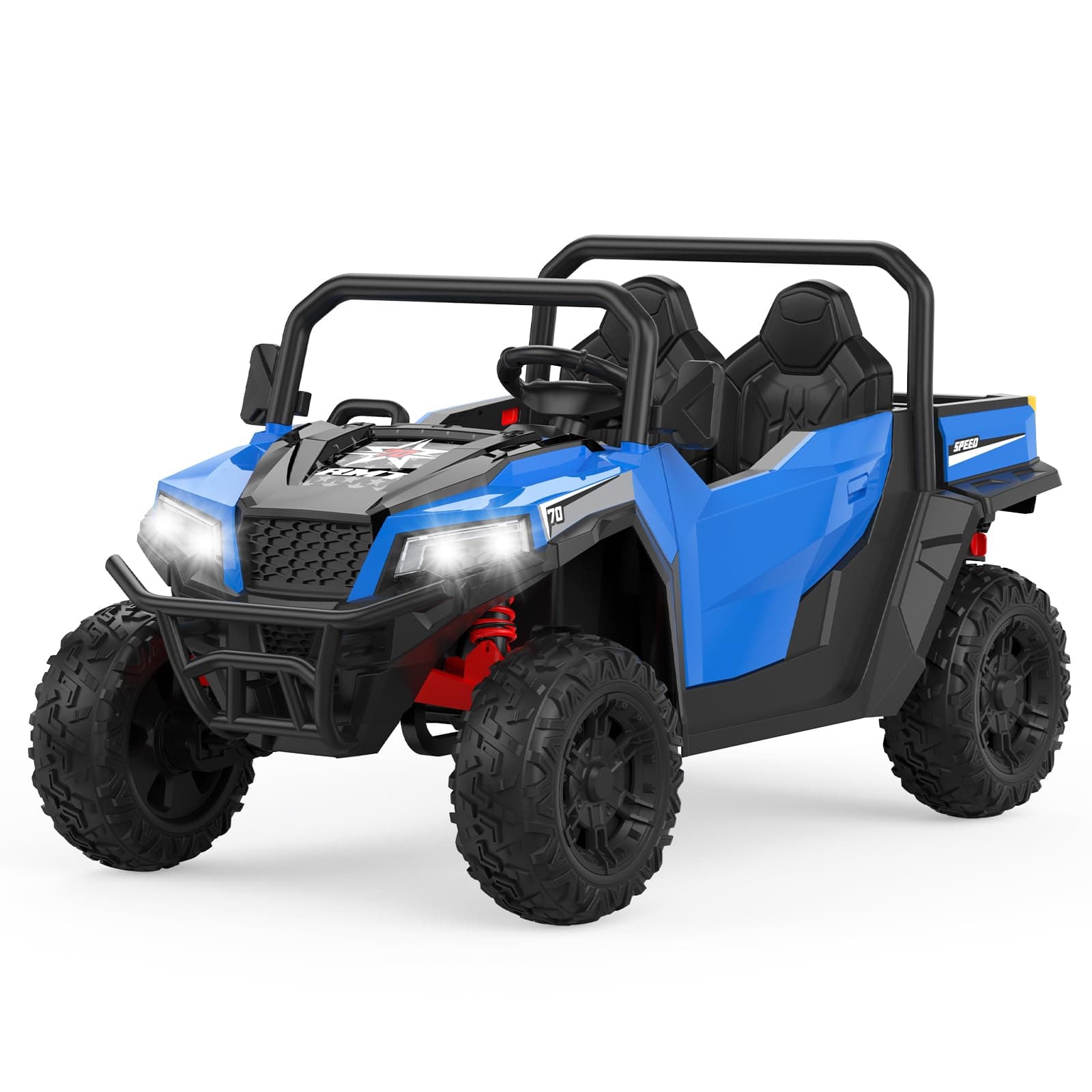 Front. GARVEE - 24V Electric Ride-On Dump Truck, 2-Seater 4WD Remote Control, Dump Bed, Shovel, LED Lights, Bluetooth - Blue.