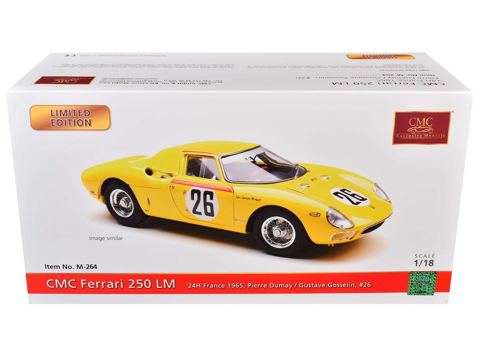 00 : ....... ..  CTAC |  WAEY O. COE O07# Gusselln, Custave .......... 00 S9GLOUS 02 LM 250 Farrari CMAC LIMITED EDITION CMC  Modells rMadell 26 aun Gearyes Murgar 28 Image similar Item No. M-264 SCALE 1/18 CMC Ferrari 250 LM 24H France 1965, Pierre Dumay / Gustave Gosselin, #26