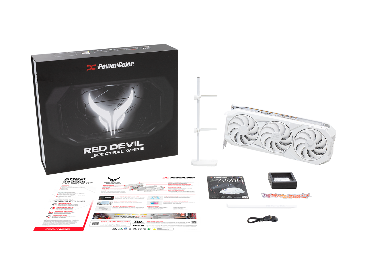 PC PowerColor  
RED DEVIL SPECTRAL WHITE  

AMD Radeon RX 5700 XT  

Ultra-Fast Gaming  
- 8GB GDDR6  
- 256-bit Memory Interface  
- 1607 MHz Base Clock  
- 1750 MHz Boost Clock  
- 14 Gbps GDDR6 Memory Speed  

Ultra-Fast Gaming  
- 8GB GDDR6  
- 256-bit Memory Interface  
- 1607 MHz Base Clock  
- 1750 MHz Boost Clock  
- 14 Gbps GDDR6 Memory Speed  

Ultra-Fast Gaming  
- 8GB GDDR6  
- 256-bit Memory Interface  
- 1607 MHz Base Clock  
- 1750 MHz Boost Clock  
- 14 Gbps GDDR6 Memory Speed  

AMD.com / Radeon  

PowerColor  
www.powercolor.com  

AMD  
www.amd.com  

CE  
FCC  

Quick Installation Guide  
www.powercolor.com  

PowerColor  
www.powercolor.com  

AMD  
www.amd.com  

CE  
FCC