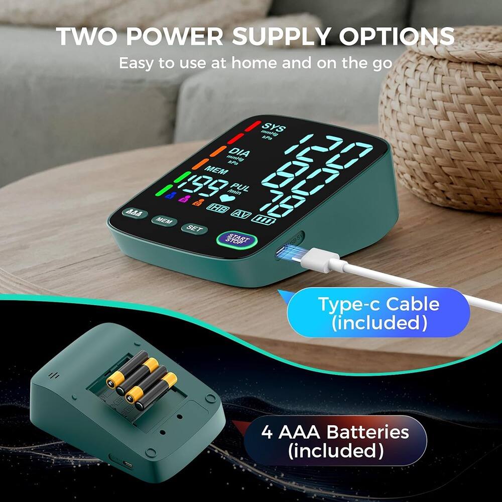 TWO POWER SUPPLY OPTIONS  
Easy to use at home and on the go  

Type-c Cable (included)  
4 AAA Batteries (included)