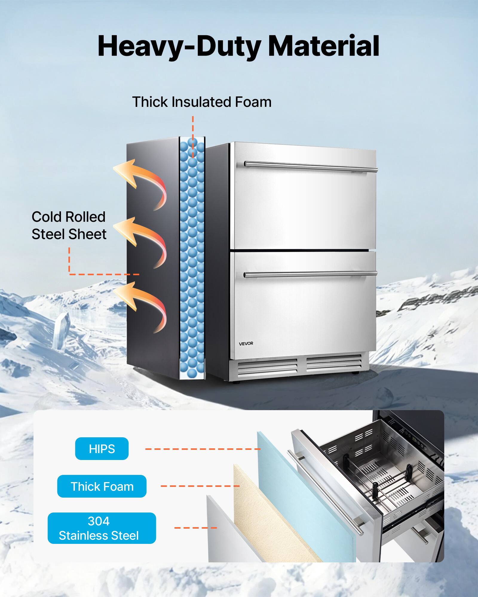 Heavy-Duty Material  
Thick Insulated Foam  
Cold Rolled Steel Sheet  
VEVOR  
HIPS  
Thick Foam  
304 Stainless Steel