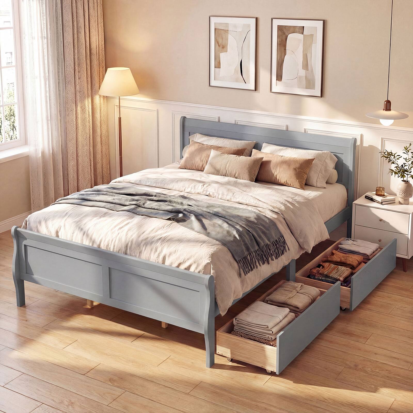 Alt View 4. Costway - Costway Queen Size Bed Frame with Storage Drawers, Wood Platform Bed with Headboard Footboard - Gray.