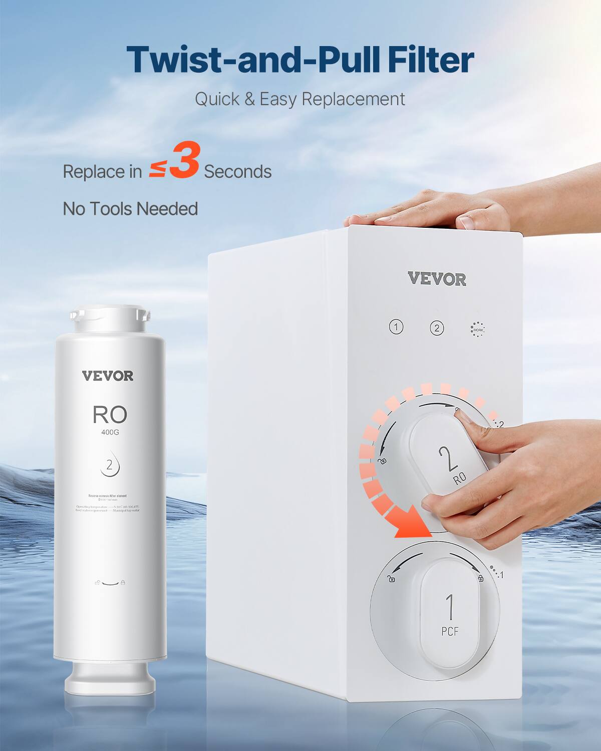 Twist-and-Pull Filter  
Quick & Easy Replacement  

Replace in ≤ 3 Seconds  
No Tools Needed  

VEVOR  
RO 400G  

VEVOR  
1 PCF  
2 RO