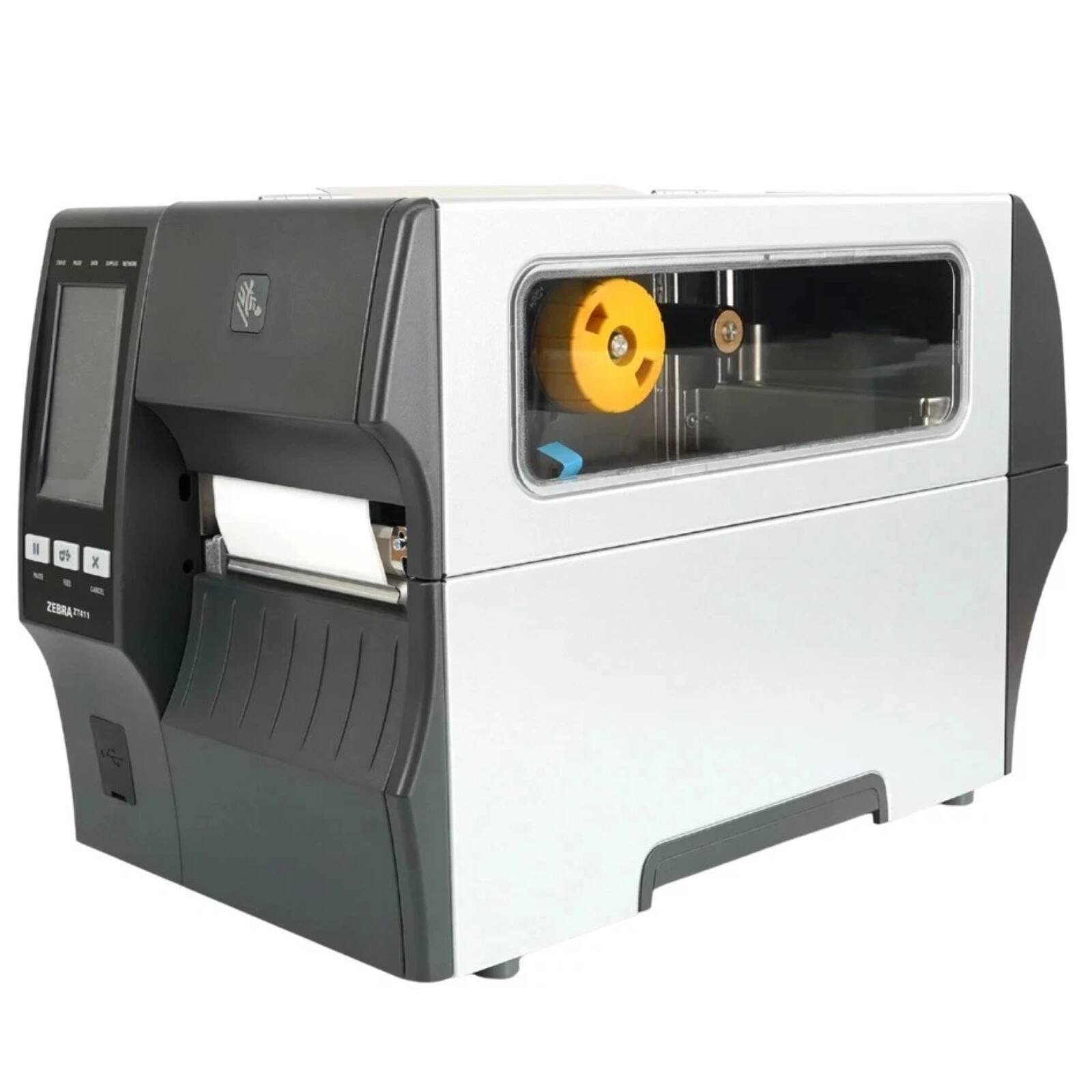 Left. Zebra - ZT411 4-Inch Thermal Transfer/Direct Thermal Label Printer, 203 dpi, Bluetooth 4.1, USB, Serial, Ethernet, Touch Display - Gray.