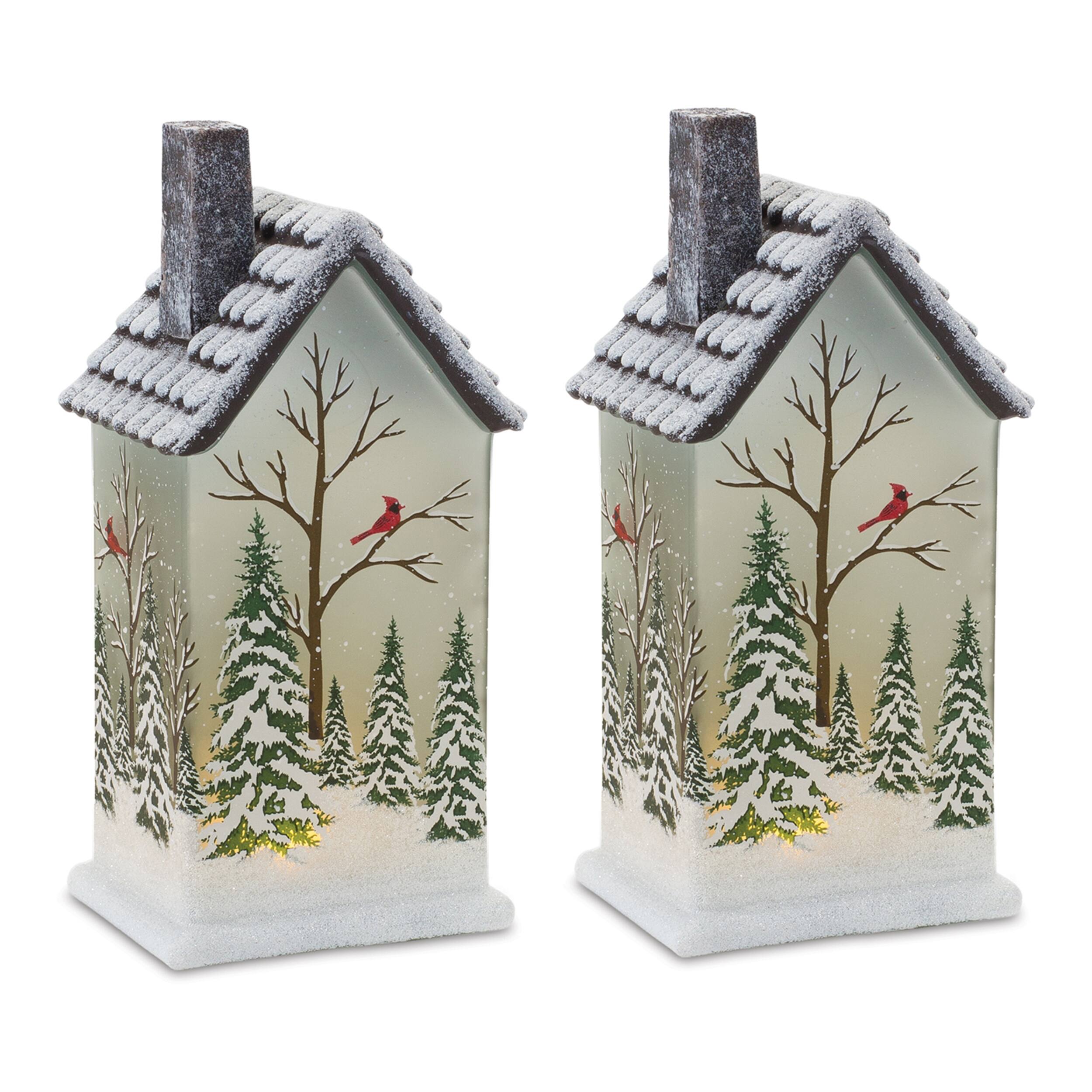 Angle. BreeBe - LED Lighted House with Pine Trees (Set of 2) - White, Green, Ice Blue.