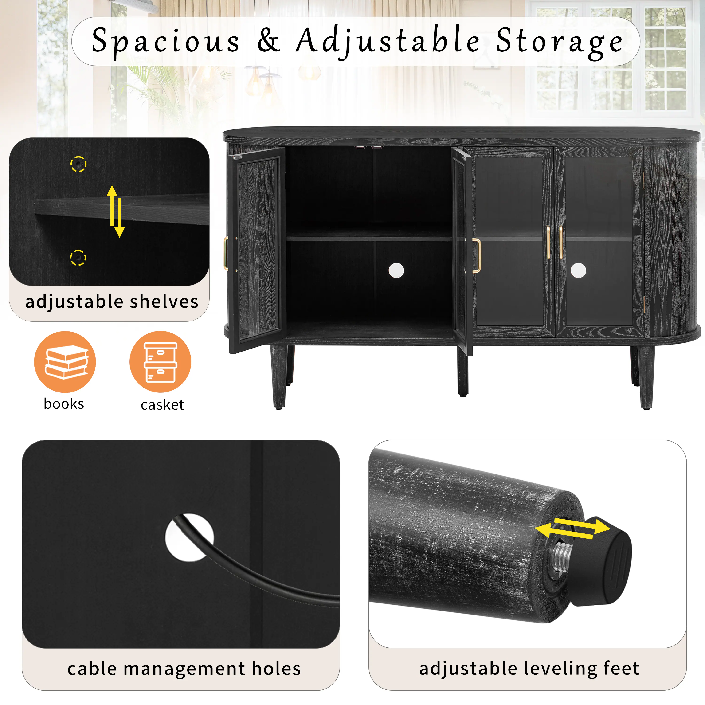 Spacious & Adjustable Storage

- adjustable shelves
- books
- casket
- cable management holes
- adjustable leveling feet