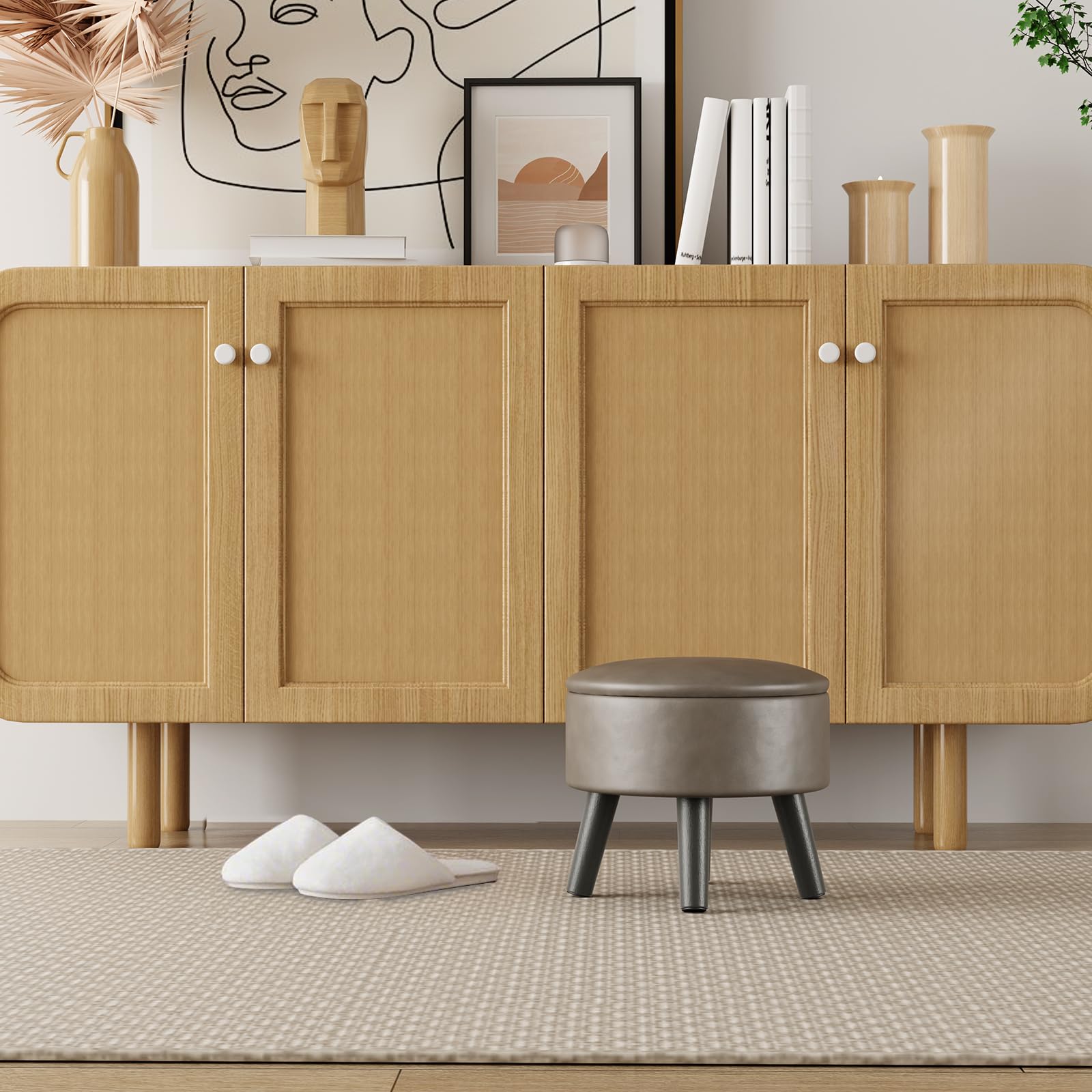 Alt View 4. Fabibe - Small Foot Stool Ottoman with Storage, Faux Leather Ottoman Foot Rest for Couch, Round Footstool Ottomans for Living... - Light Gray.