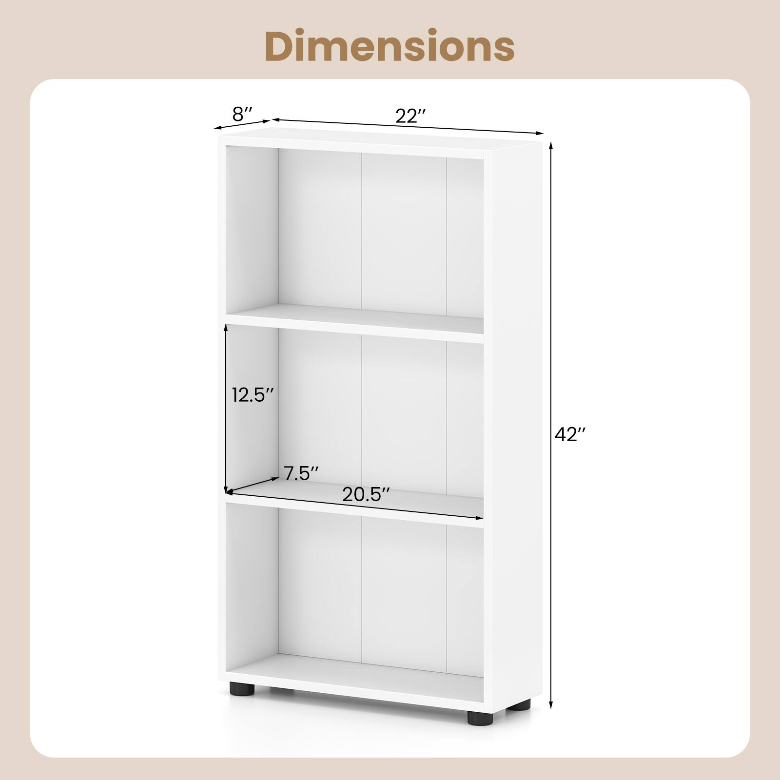 Dimensions: 8" x 22" x 12.5" x 42" x 7.5" x 20.5"