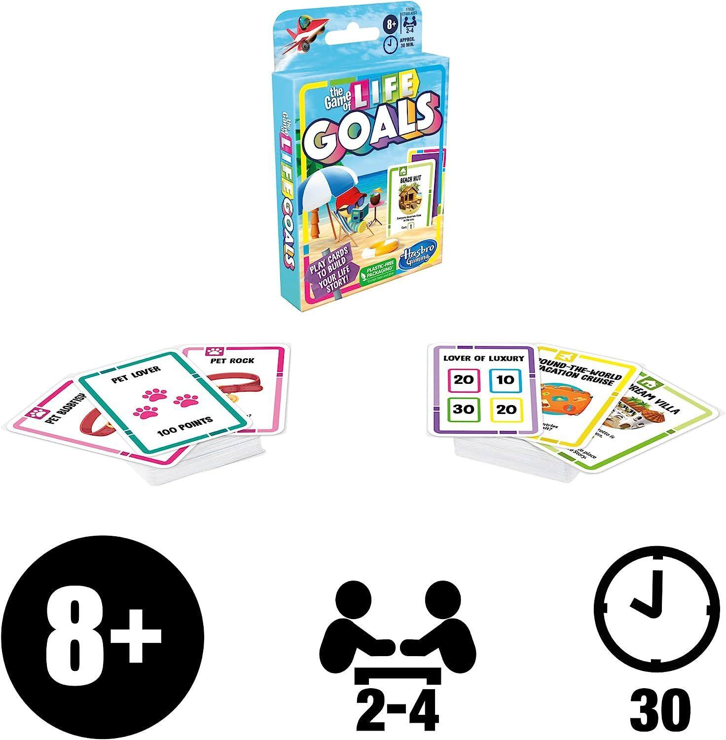 8+ J AFPROZ 30 Game the LIFE GOALS DEACH WT CARDS BUILD FREE Hasbro Giorna PLAY TO LIFE PLASTIC STORY!  
PET BLOBFISH  
PET ROCK PET LOVER 100 POINTS  
LOVER OF LUXURY 20 10 OUND-THE-WORLD ACATION CRUISE REAM 30 20  
8+8+  
2-4  
30