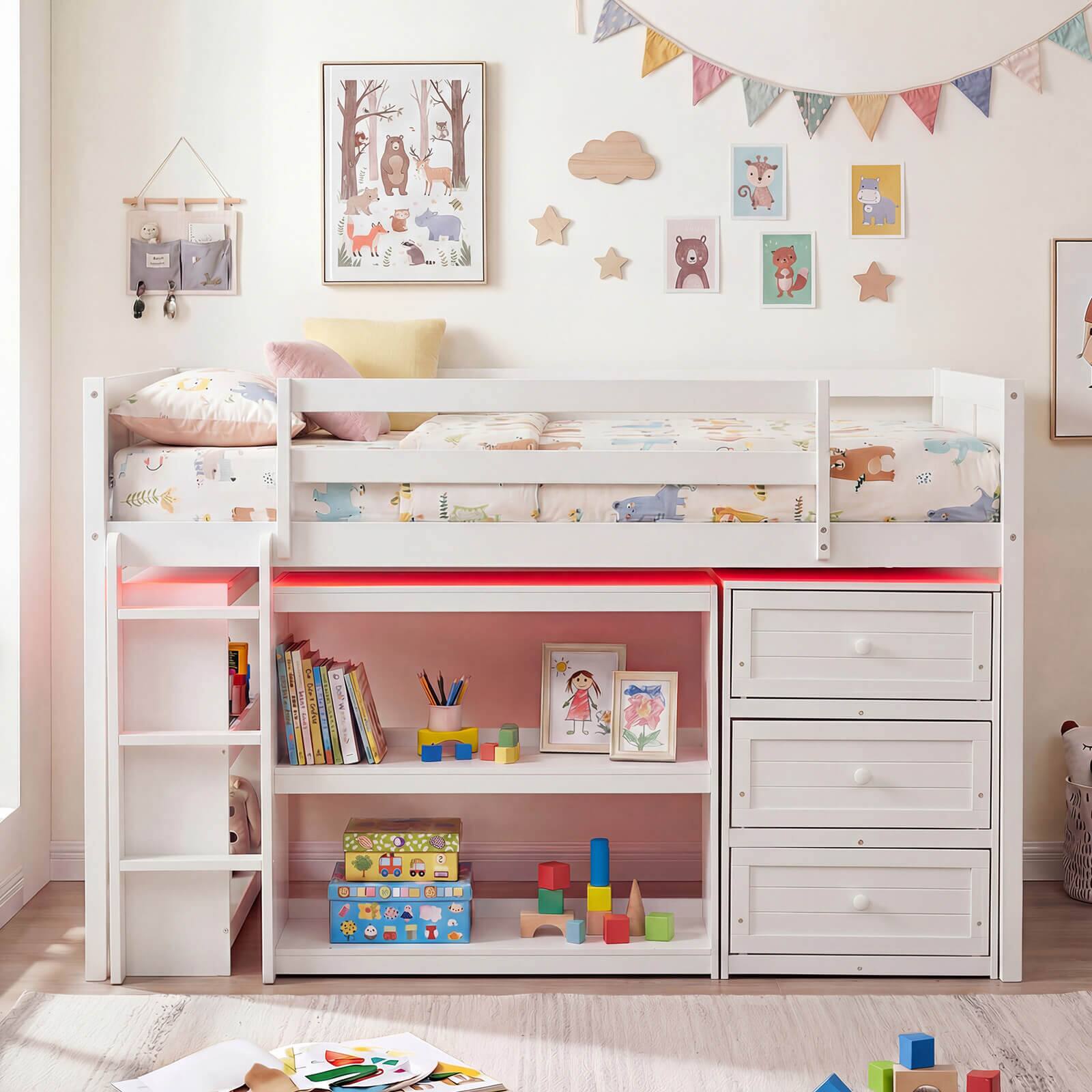 Alt View 3. Costway - Costway Twin Size Loft Bed with LED Lights Underbed Space Drawers Shelves Ladder - White.