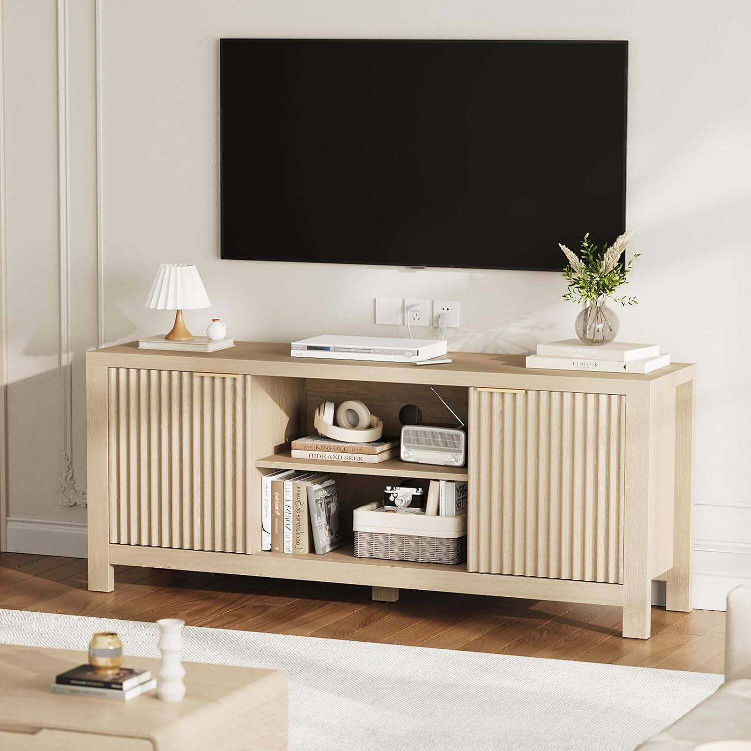 Acekool - Modern Wooden TV Stand Cabinet with Adjustable Shelves for Living Room Bedroom - Oak