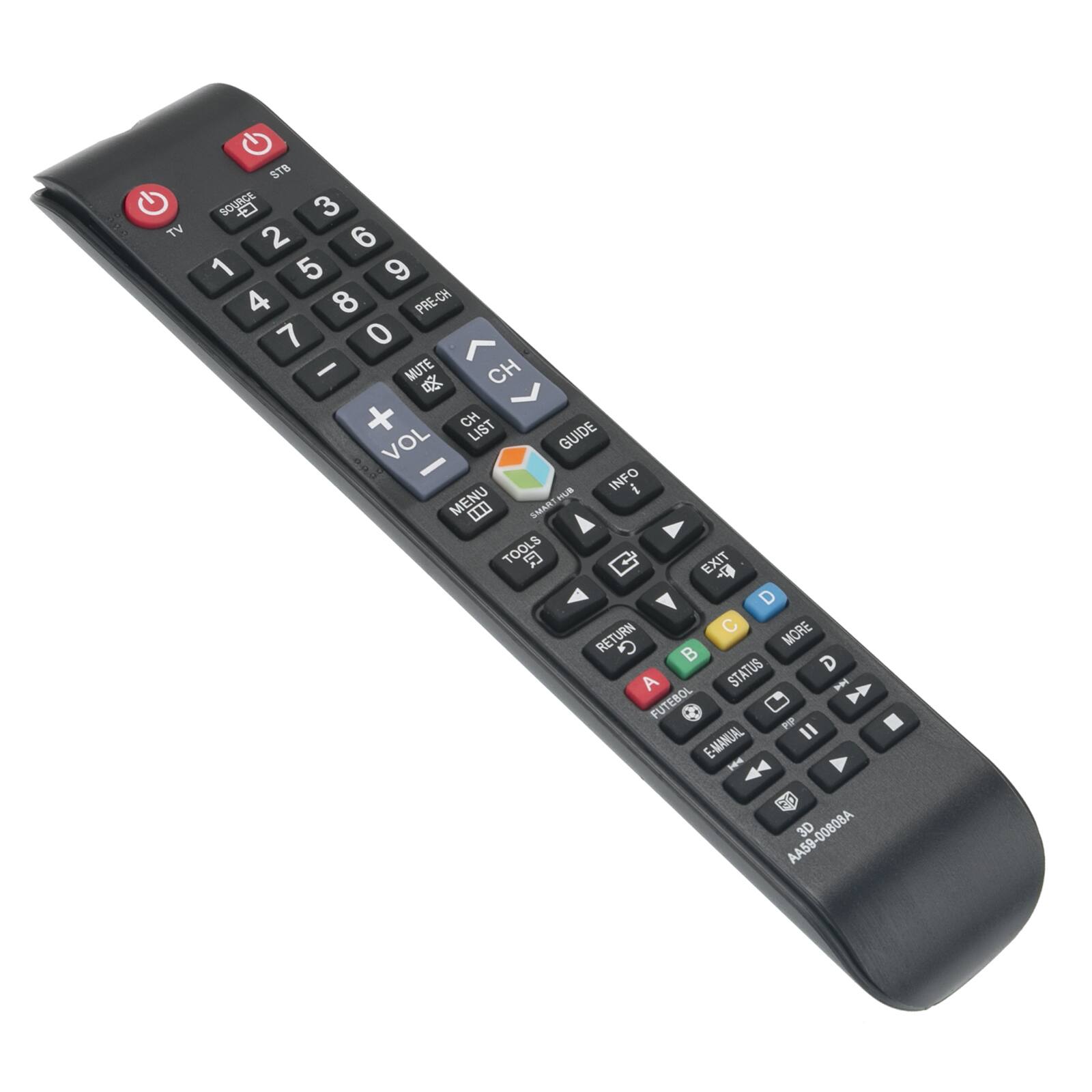 TV STB SOURCE E 3 2 6 1 5 9 4 8 PRE-CH 7 0 - MUTE CH  + CH LIST GUIDE VOL - INFO i MENU FIUS 1 SMKANT TOOLS  EXIT  D C MORE RETURN G B A STATUS - FUTEBOL  PO E-MANUAL I - AA59-0080BA 3D