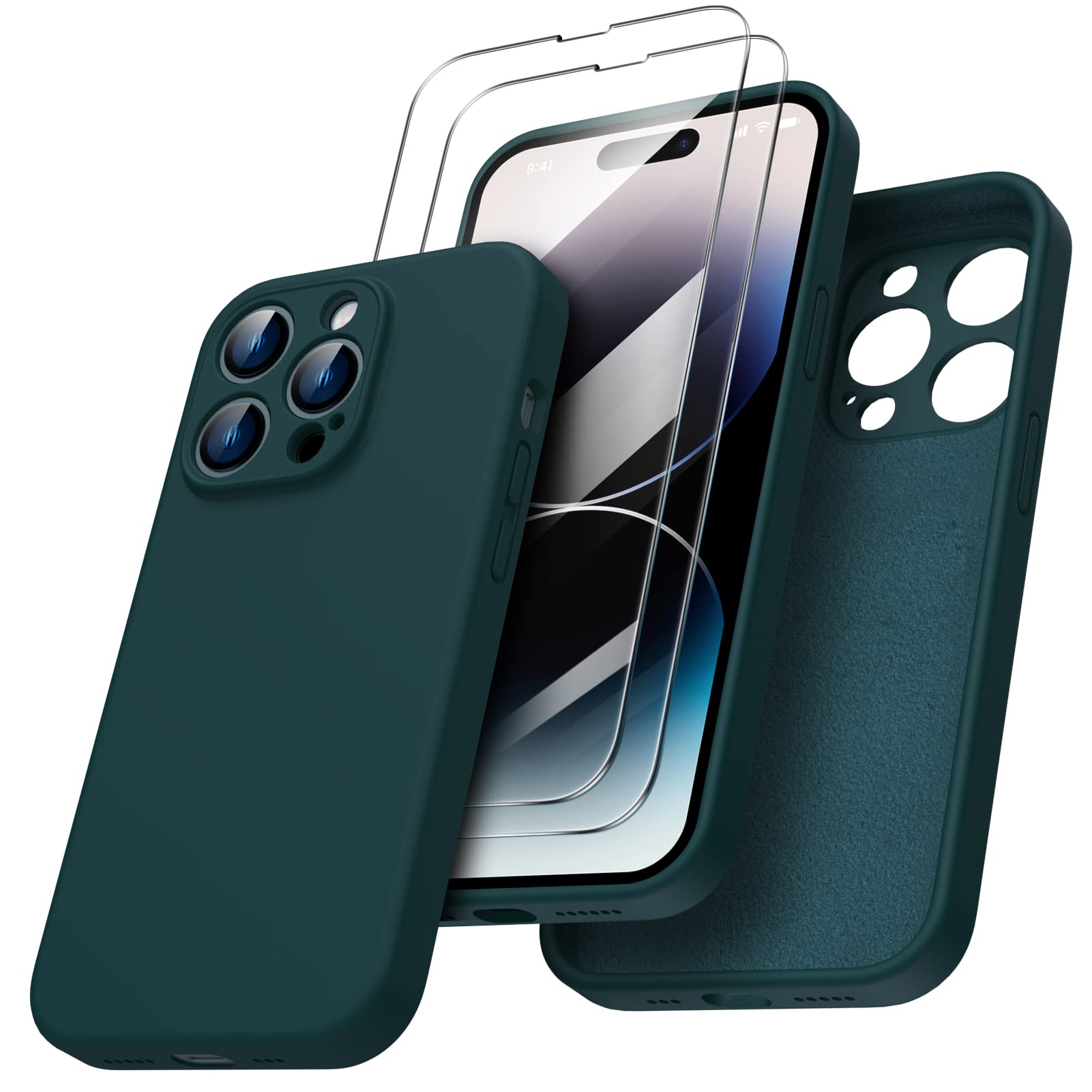 Ornarto - Compatible with iPhone 14 Pro Case, Liquid Silicone Protective Case with 2 x Screen Protector - Olive Green