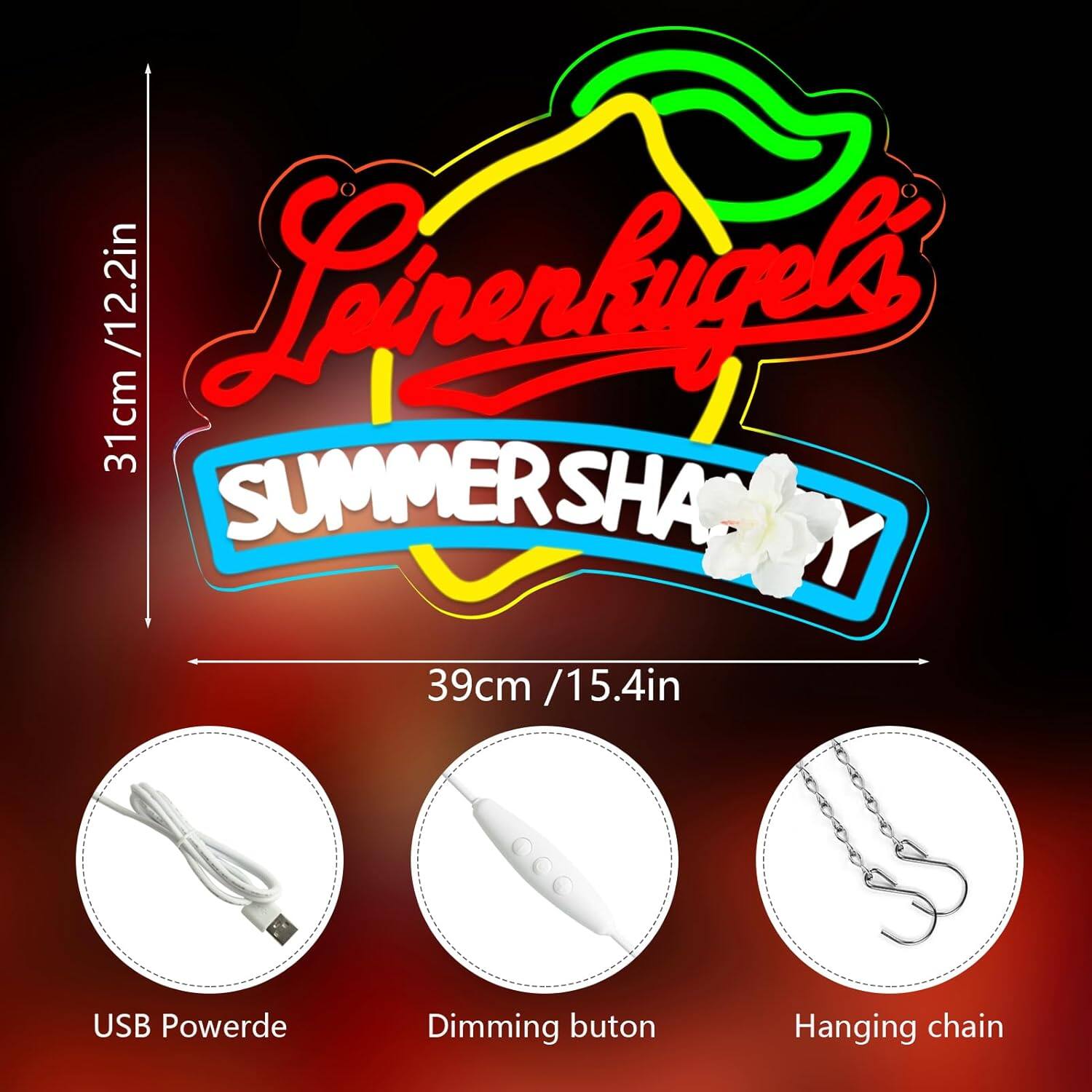 Sure, here is the corrected and grouped text from the image:

---

**Löwenzugels**

**SUMMER SHARTY**

- **31cm / 12.2in**
- **39cm / 15.4in**

- USB Powered
- Dimming button
- Hanging chain

---