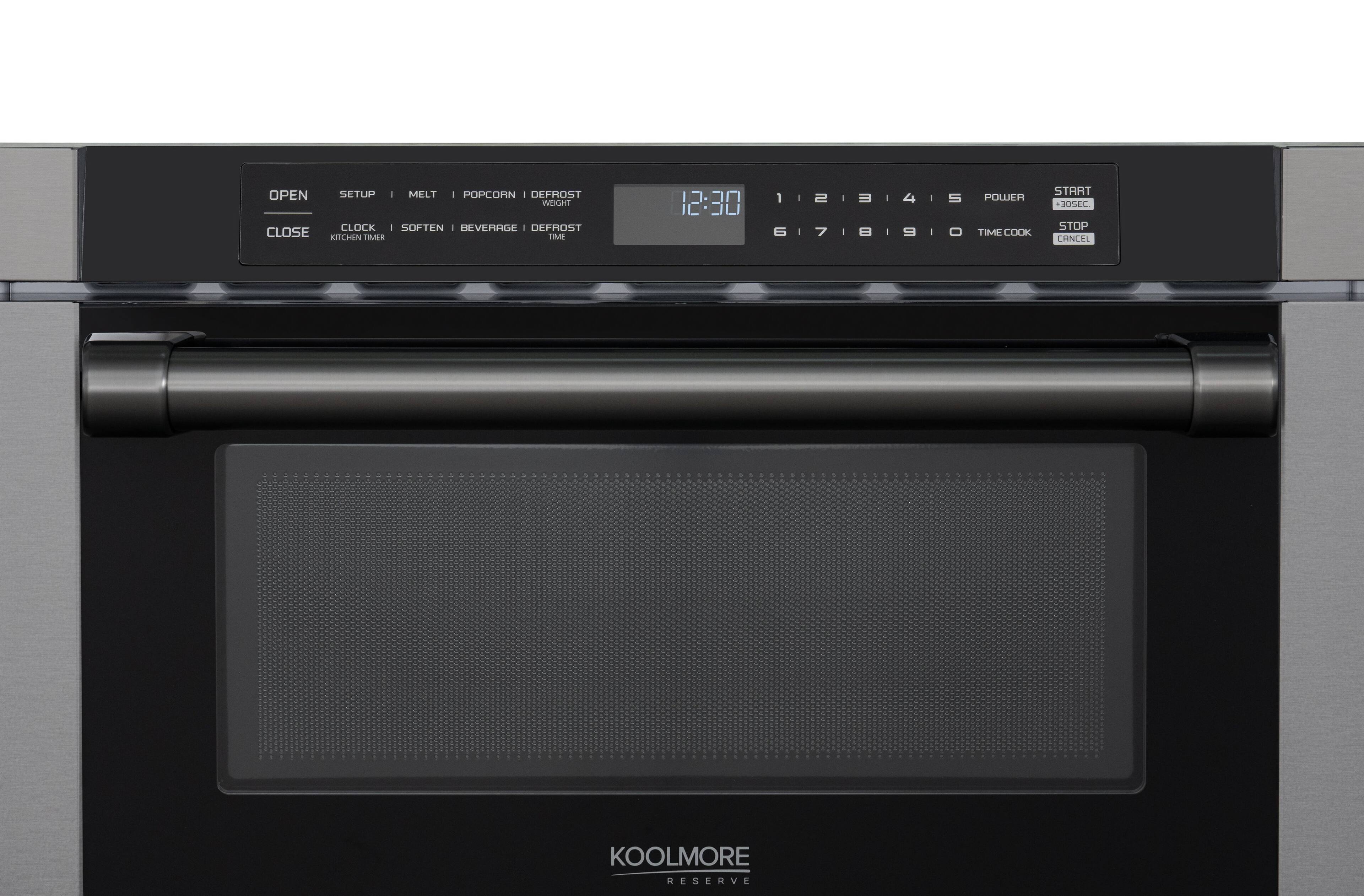 OPEN SETUP I MELT I POPCORN I DEFROST WEIGHT CLOCK I SOFTEN I BEVERAGE - DEFROST CLOSE KITCHEN TIMER TIME COOK 112131415 1 I  I 3 I 4 I S WER 12:30 61718I910 6 I 7 I  I 9 I - START +30SEC. STOP CANCEL KOOLMORE RESERVE