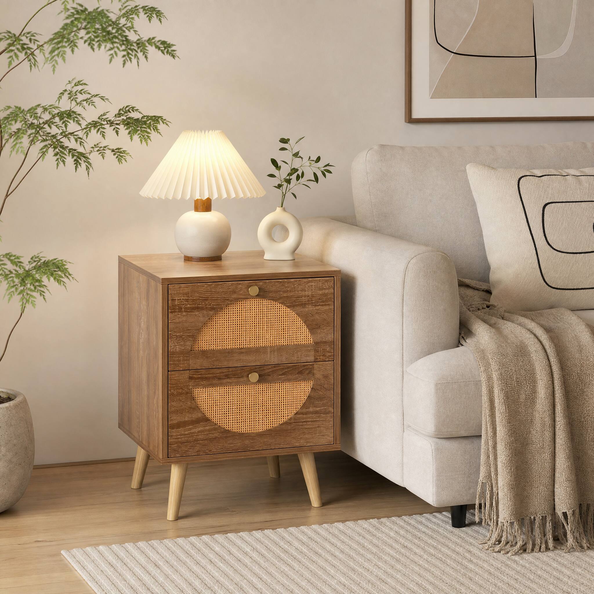 Angle. WELLFOR - Set of 2 Rattan Nightstands with 2 Drawers and Solid Wood Legs - Natual.