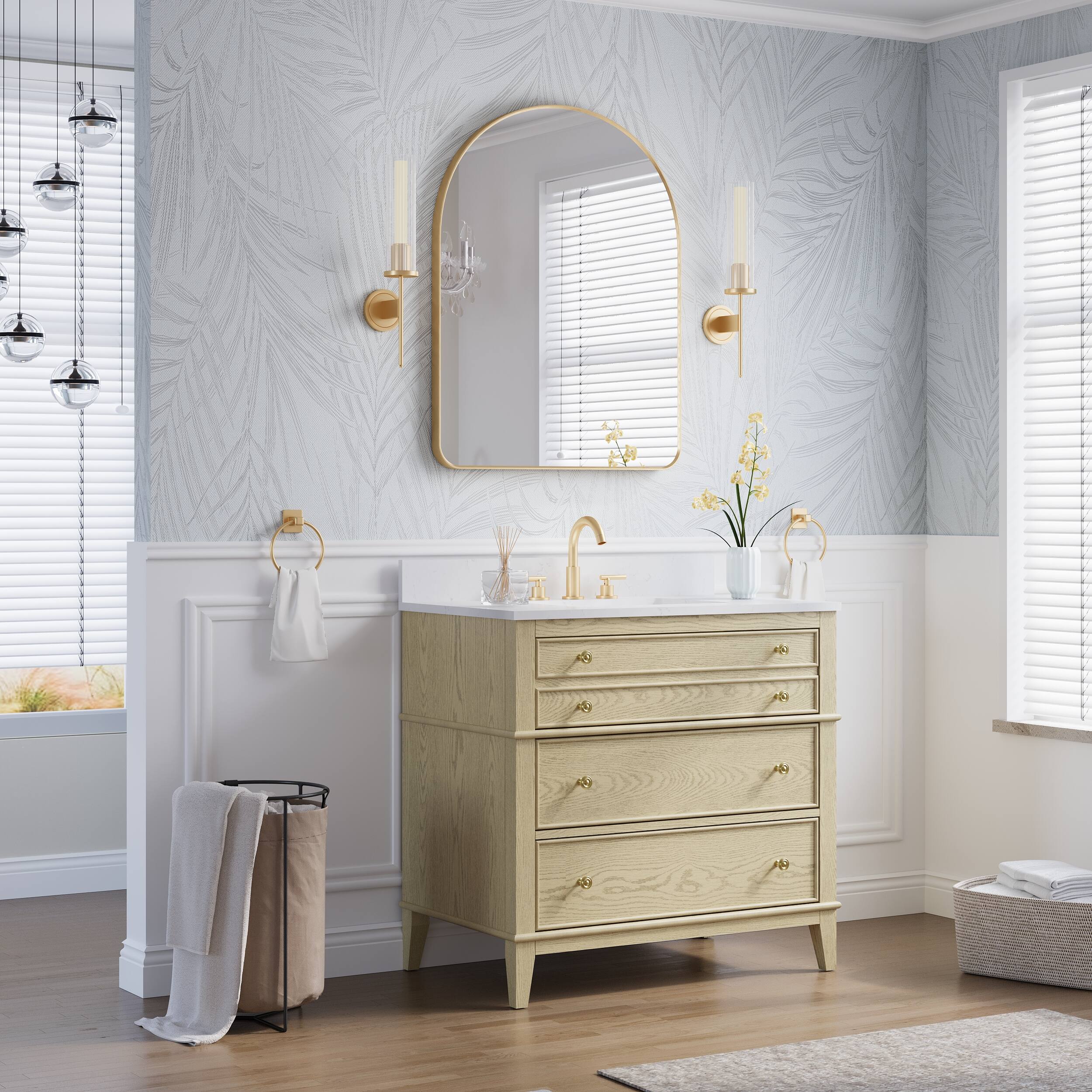 Angle. WELLFOR - 28 in. W x 36 in. H Arch Anodized Aluminum Framed Bathroom Vanity Mirror - Brushed Gold.